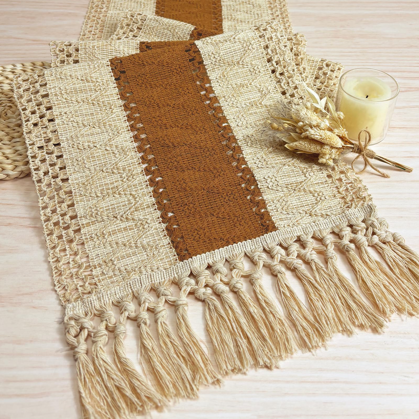 FEXIA 90 Inch Macrame Table Runner with Tassels - Bohemian Farmhouse Style Dining Decor for Wedding, Bridal Shower & Party | Rustic Brown (12x90 Inches) | Perfect for Boho Chic Home, Outdoor Picnics & Holiday Tablescapes