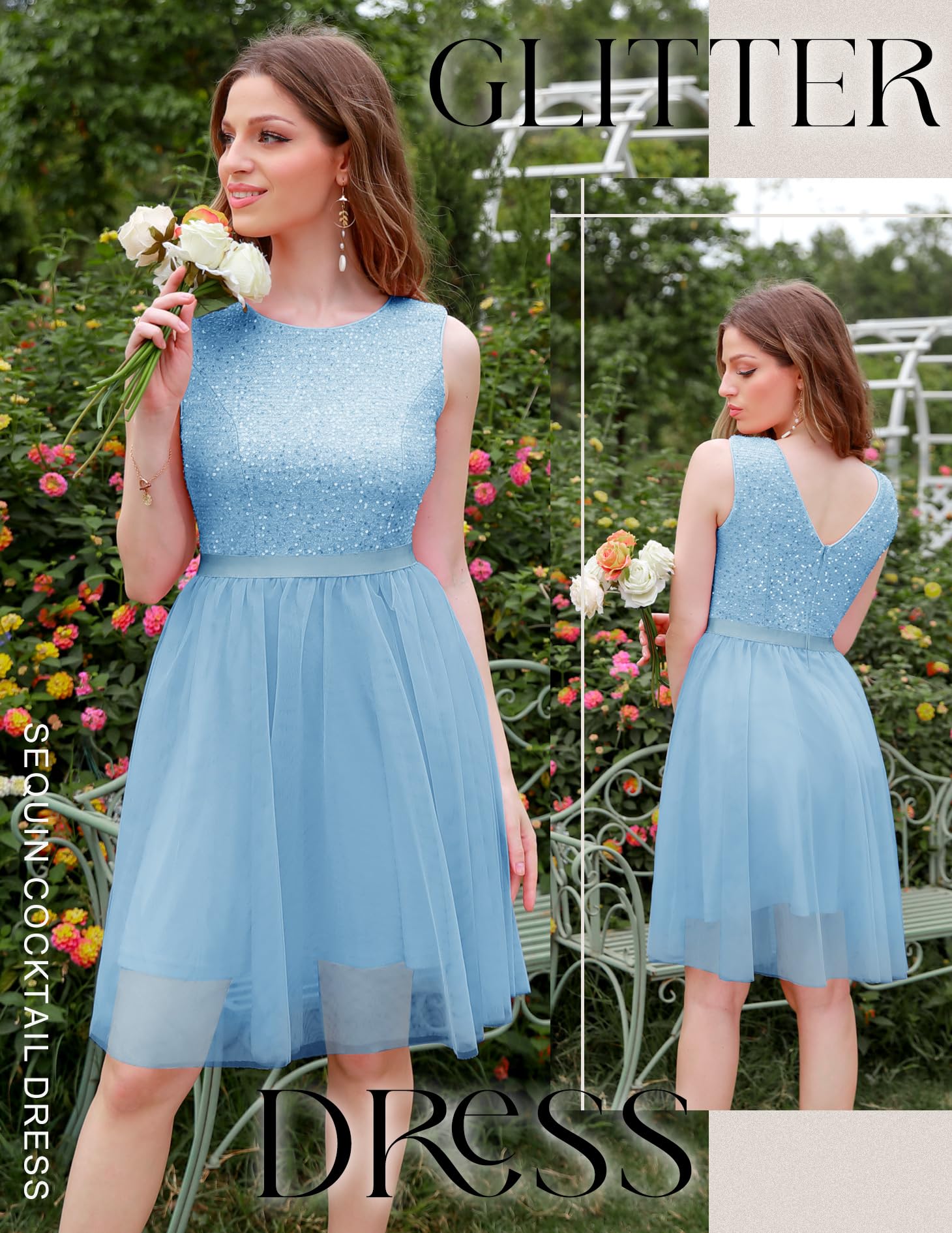 BeryLove Sequin Vintage A-Line Wedding Dress - Formal Swing Tulle Sleeveless Cocktail Mini Dress for Bridal Party, Prom, Evening Gala & Special Occasions