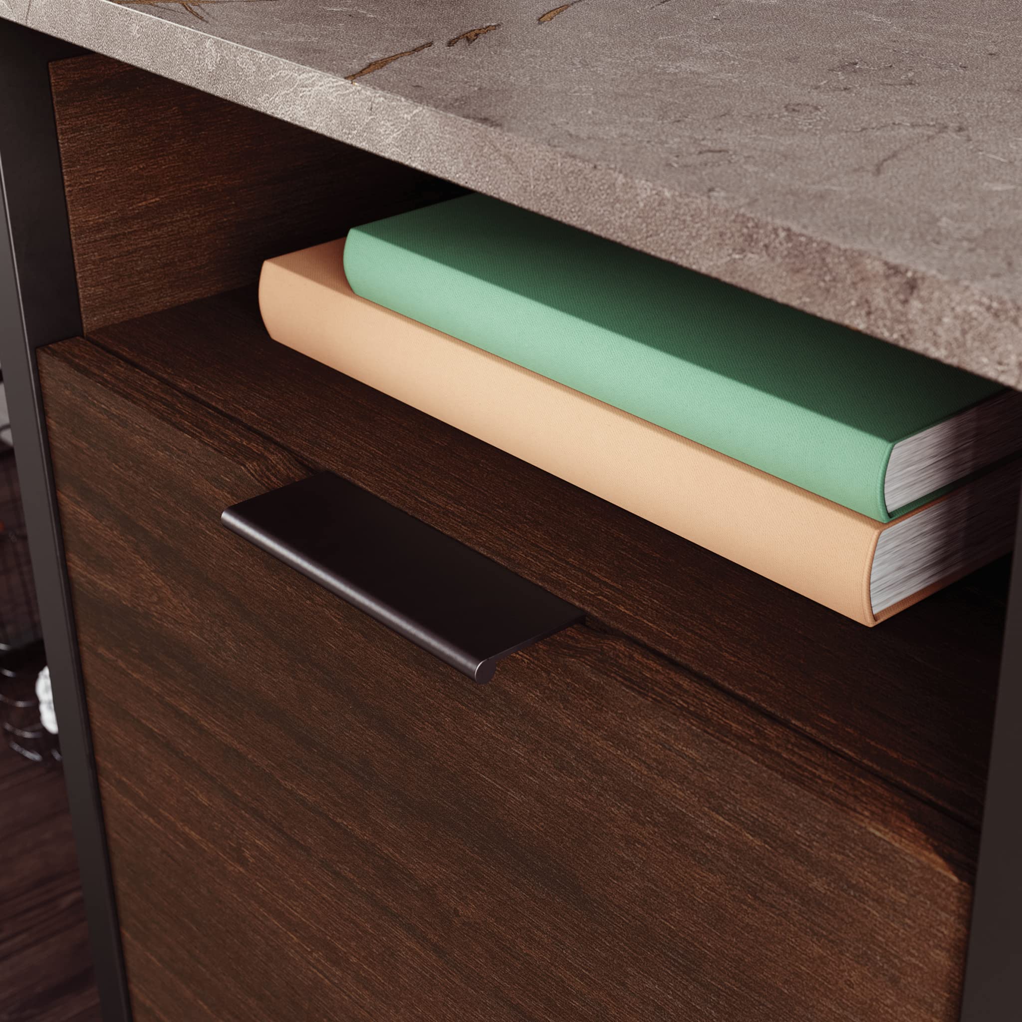 Sauder International Lux Single Pedestal Home Office Desk - Modern Umber Wood Finish for Study, Work from Home & Small Office Spaces