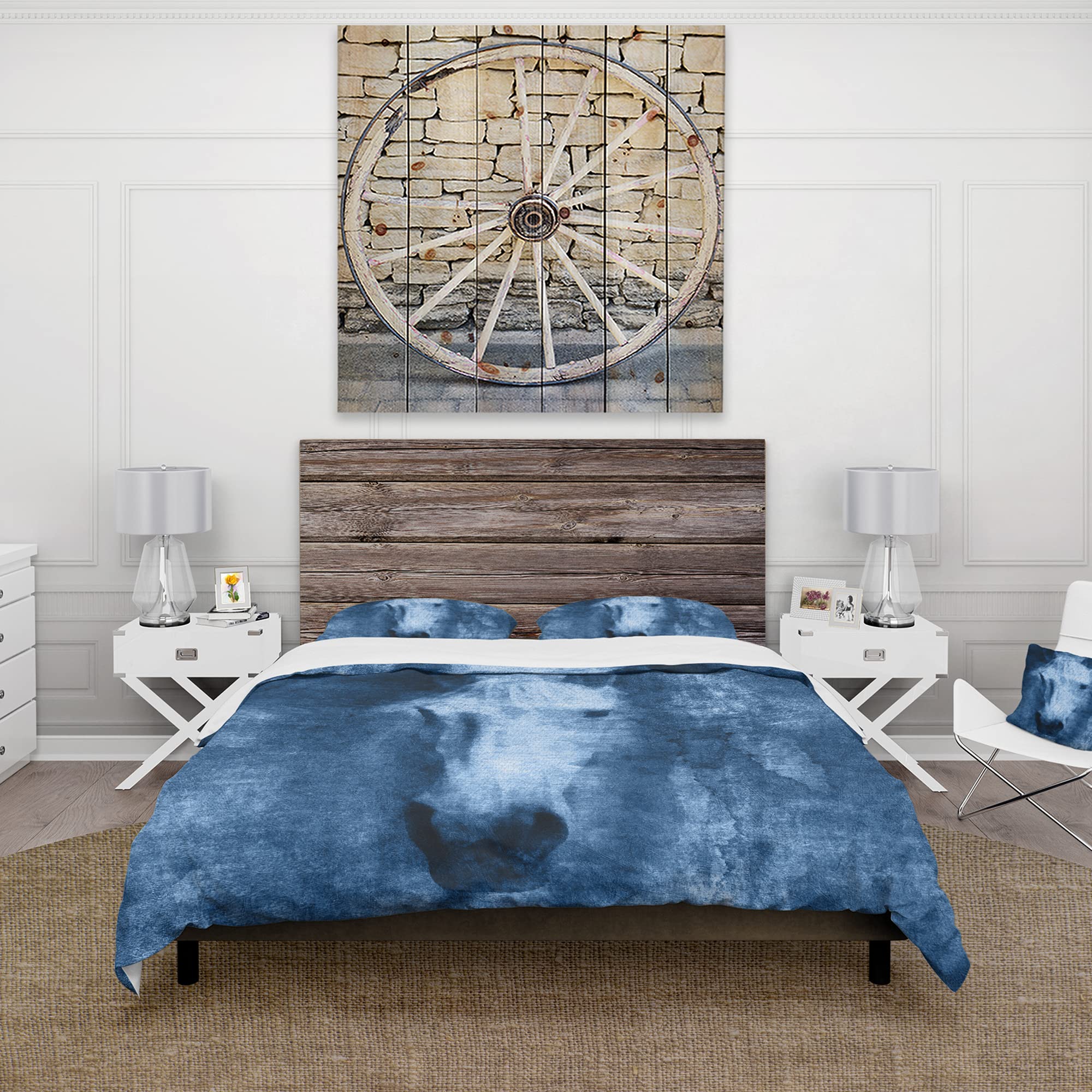 Farmhouse Horse VIII Blue Duvet Cover Set King Size - 3 Piece All Season Farmhouse Bedding Set | Soft & Breathable for Cozy Bedroom Decor, Guest Room & Master Suite