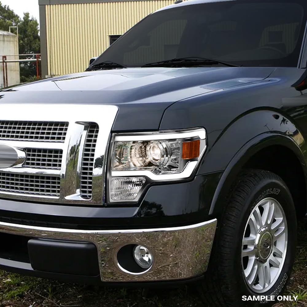 2009-2014 Ford F150 LED Projector Headlight Assembly - Chrome Finish with Amber Signal & LED Tube Bar | Compatible with All Models | Upgrade Your Truck's Front Bumper Lighting for Night Driving & Off-Road Adventures