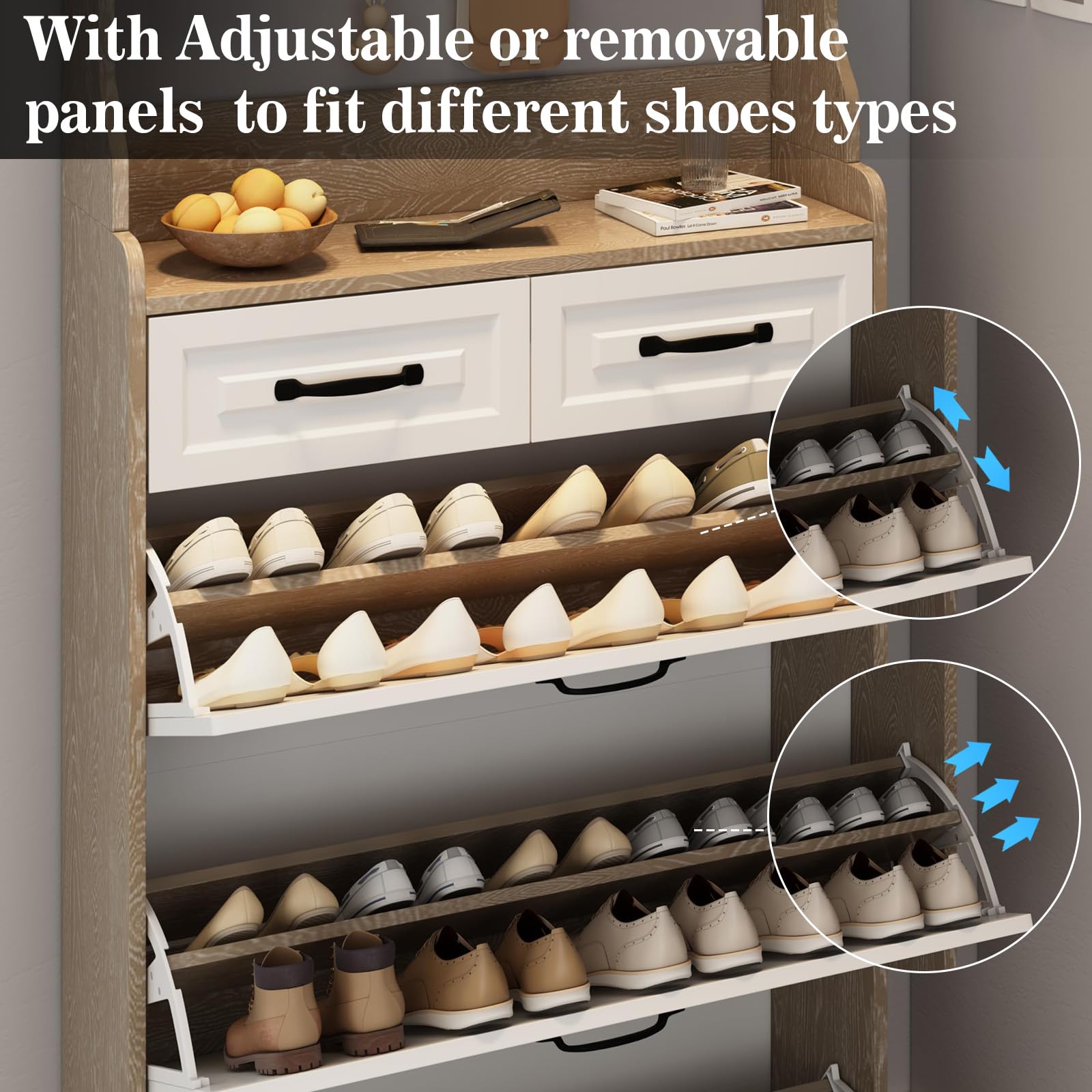 WIIS' IDEA 3-Tier Flip Front Shoe Cabinet with 2 Drawers - Freestanding Entryway Shoe Storage Organizer - Hidden Wooden Shoe Rack for Small Spaces - Narrow Farmhouse Style Shoe Cabinet with Legs (Brown) - Perfect for Hallway, Closet & Apartment Organization