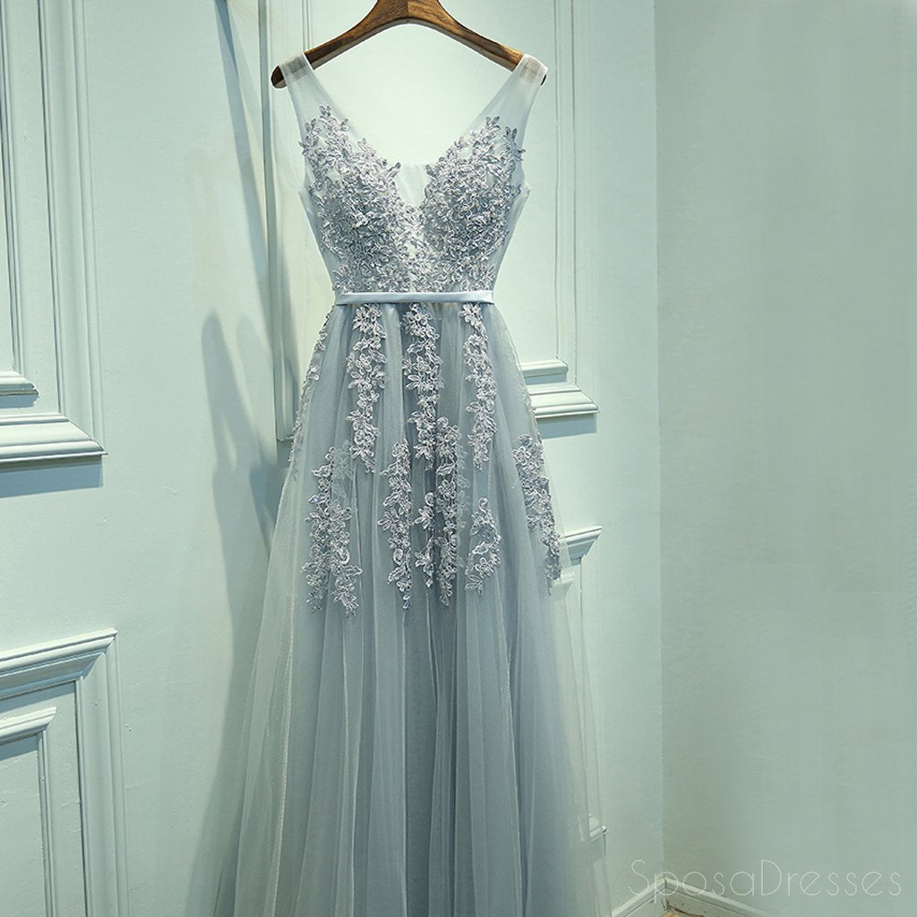 Elegant Long Sleeve V-Neck Gray Lace Tulle A-Line Prom Dress - Formal Evening Gown for Homecoming, Wedding Guest & Special Occasions