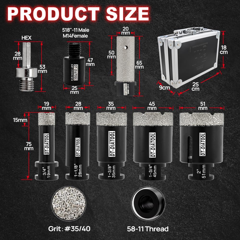 DT-DIATOOL Diamond Core Drill Bit Set - 19/28/35/45/51mm Tile Hole Saw Kit with 20mm Diamond Finger Bit & 2 Adapters for Porcelain, Ceramic, Marble, Granite - Perfect for Bathroom Renovation, Kitchen Backsplash & Tile Installation Projects