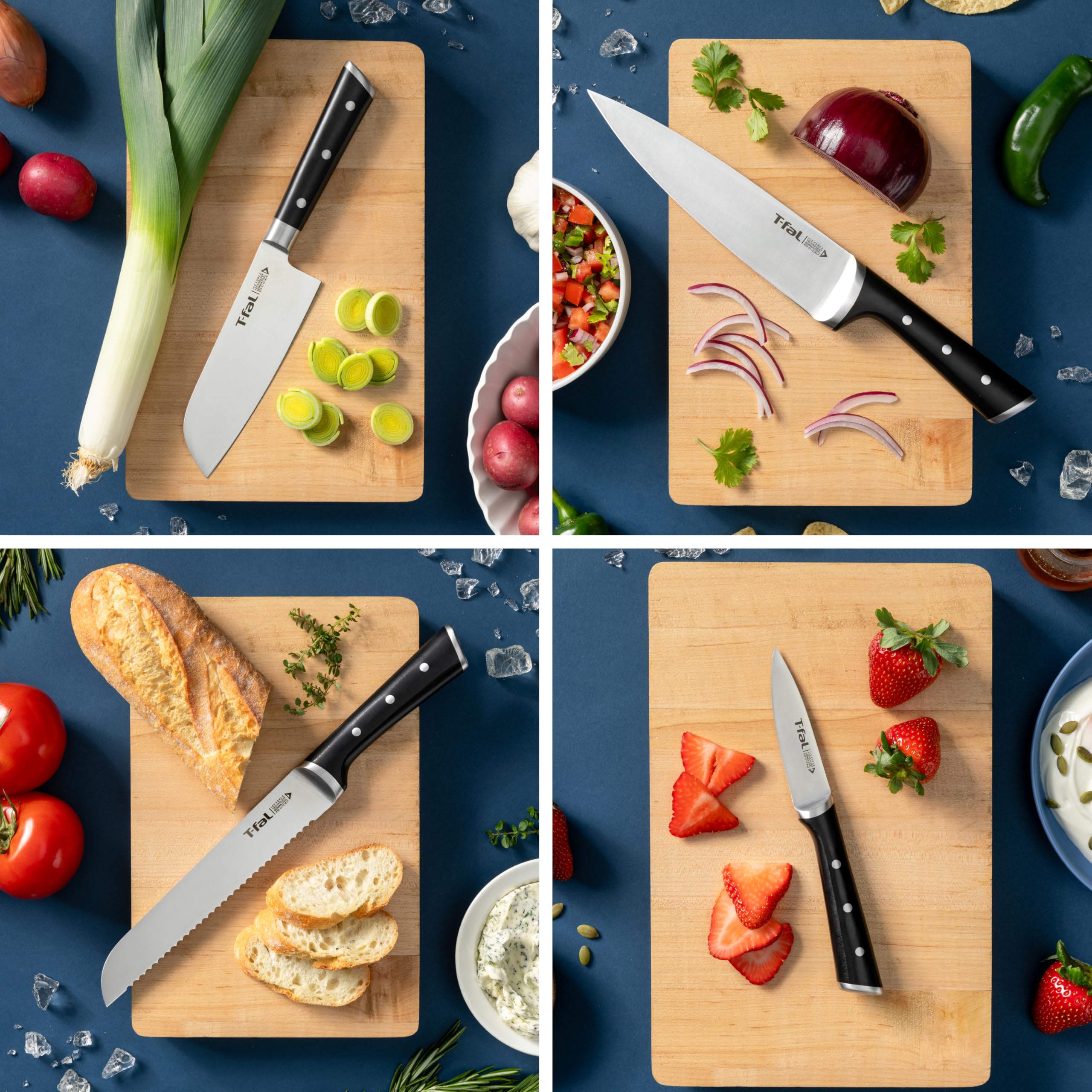 T-fal Ice Force German Stainless Steel 8-Piece Knife Set with Wood Block - Ultra Sharp Blades, High Precision Cutting, Durable Kitchen Knives for Professional Chefs & Home Cooking - Perfect for Chopping, Slicing, Dicing Meat, Vegetables & Fruits