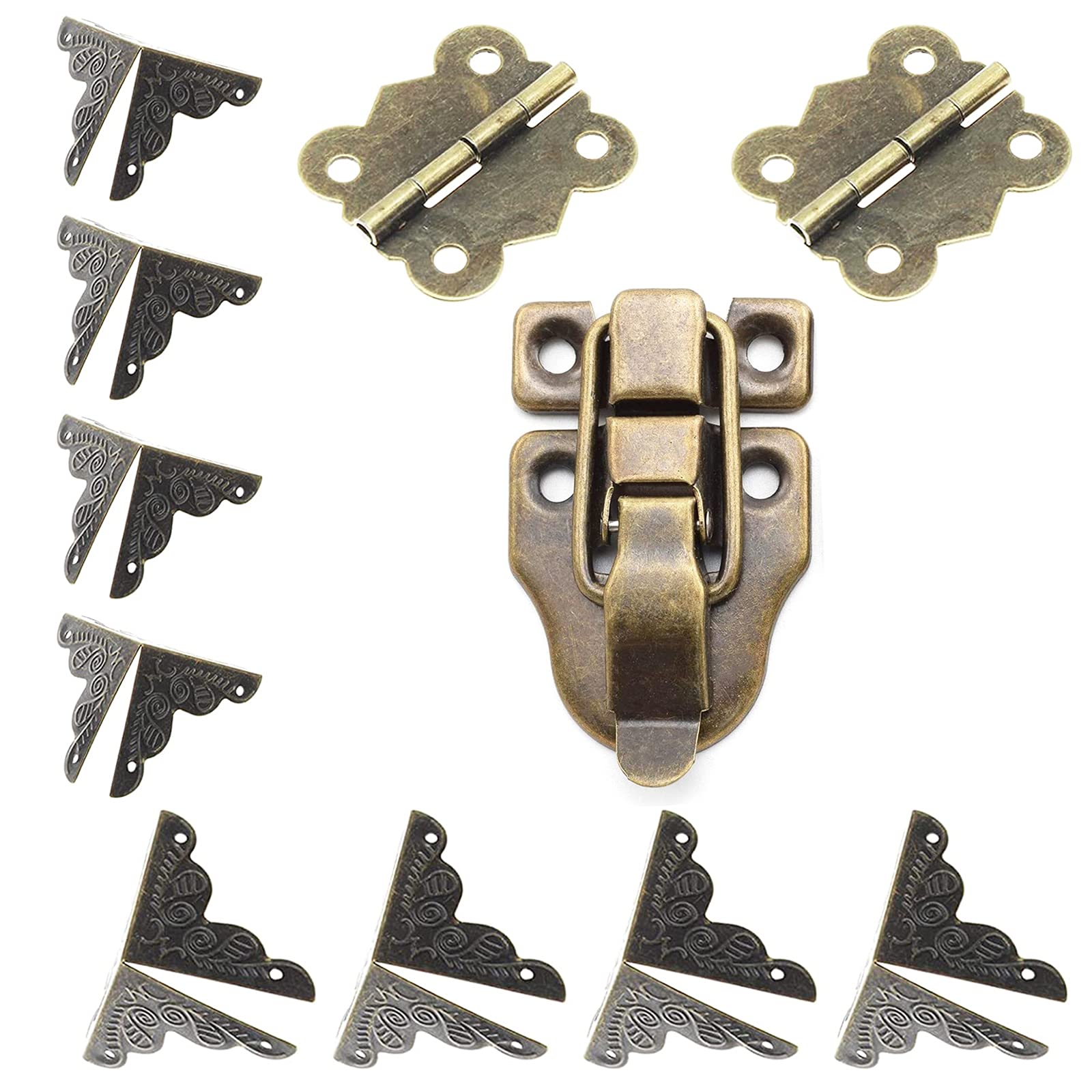 Antique Duckbilled Toggle Hasp Latches & Butterfly Engraved Hinges Set with Corner Protectors & Screws - Vintage Jewelry Box Hardware Kit for DIY Wooden Chest, Cabinet, and Decorative Furniture Restoration