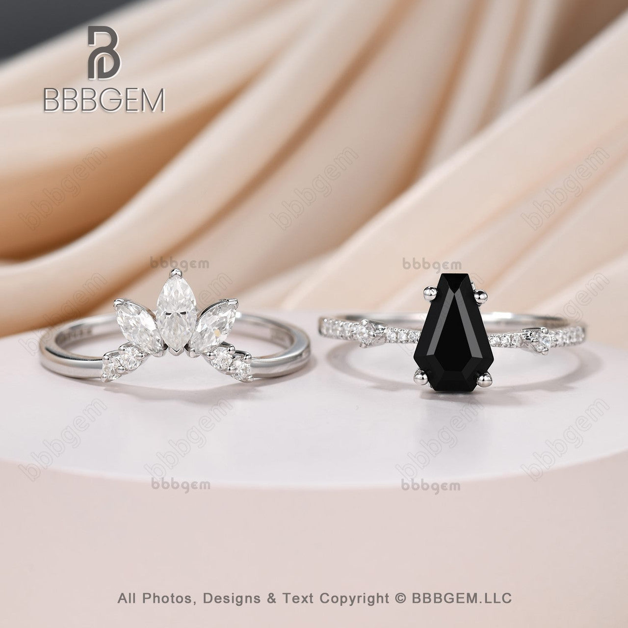 Women's Black Onyx Coffin Statement Ring Set - 3 Stone Marquise Moissanite Curve Band White Gold Promise Ring for Engagement, Anniversary & Special Occasions