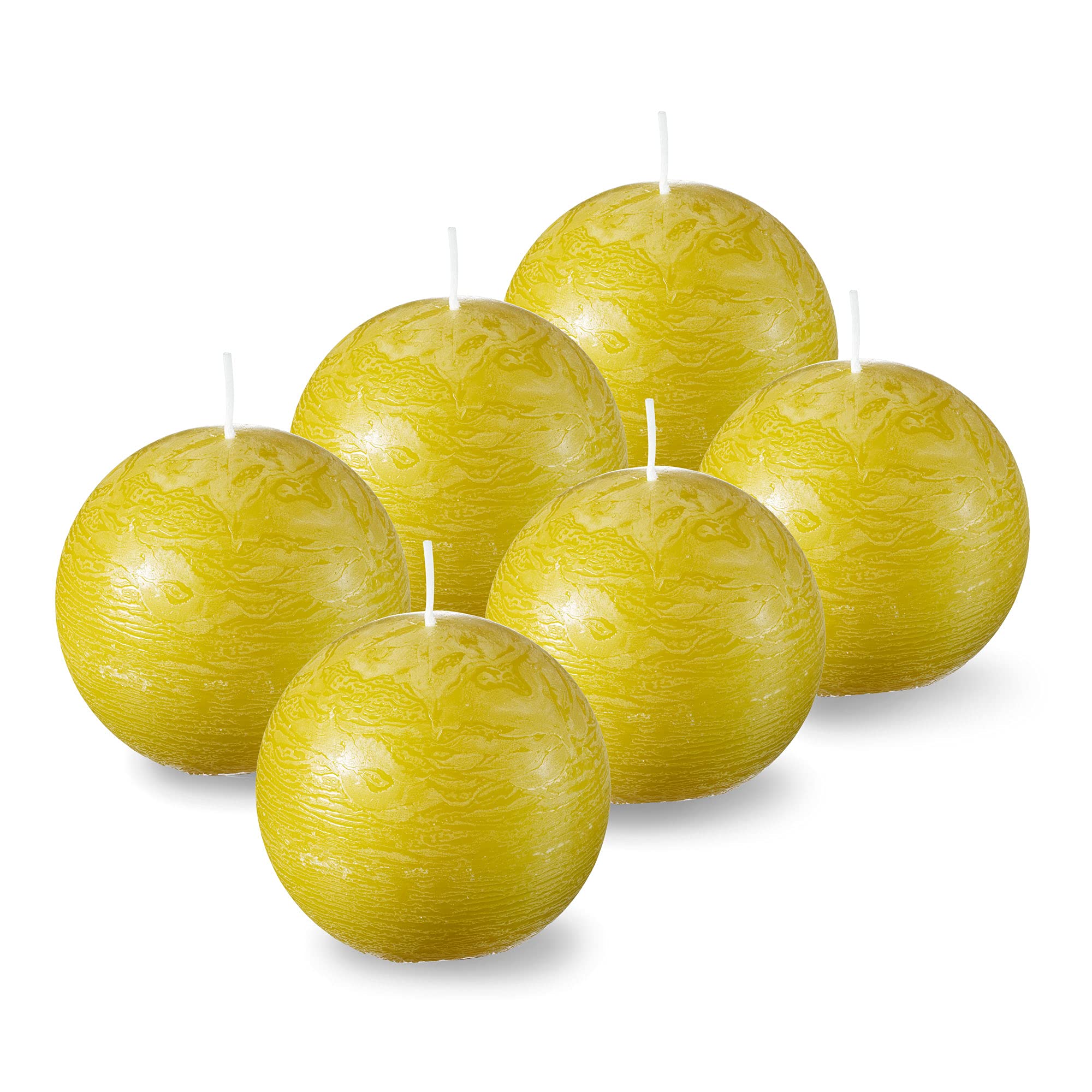 SPAAS Unscented Yellow Round Candles - 3 Inch Rustic Ball Candles for Wedding Decorations, Celebrations, Holidays & Home Decor - Set of 6 Paraffin Sphere Candles - Perfect for Centerpieces, Tablescapes & Romantic Ambiance
