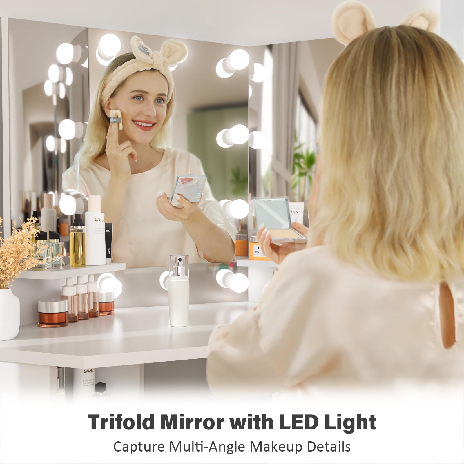 White Vanity Desk with Mirror & LED Lights - 5-Drawer Makeup Dressing Table for Women & Girls | Perfect for Bedroom, Dorm Room, and Small Spaces