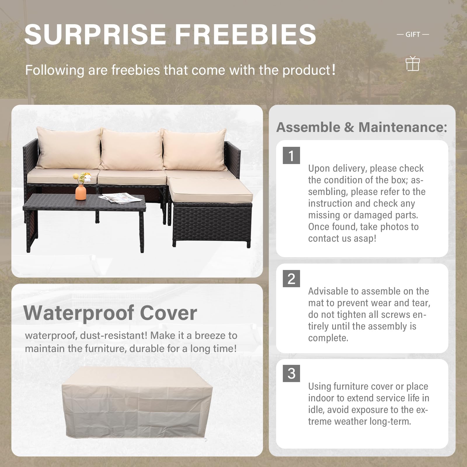 Valita 3-Piece Outdoor Patio Furniture Set - Waterproof Wicker Sectional Sofa, Loveseat & Coffee Table with Non-Slip Cushions (Khaki) - Perfect for Backyard, Garden, Poolside & Balcony Relaxation