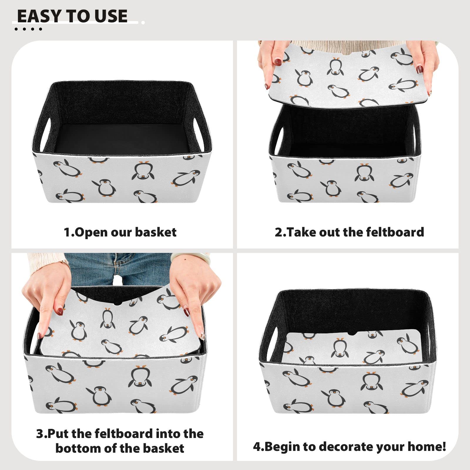SHJI Penguins Folding Felt Storage Basket - 2 Pack Collapsible Storage Box & Organizer for Clothes, Toys, Nursery | Space-Saving Home & Closet Organization Solution for Shelves, Laundry & Kids Room