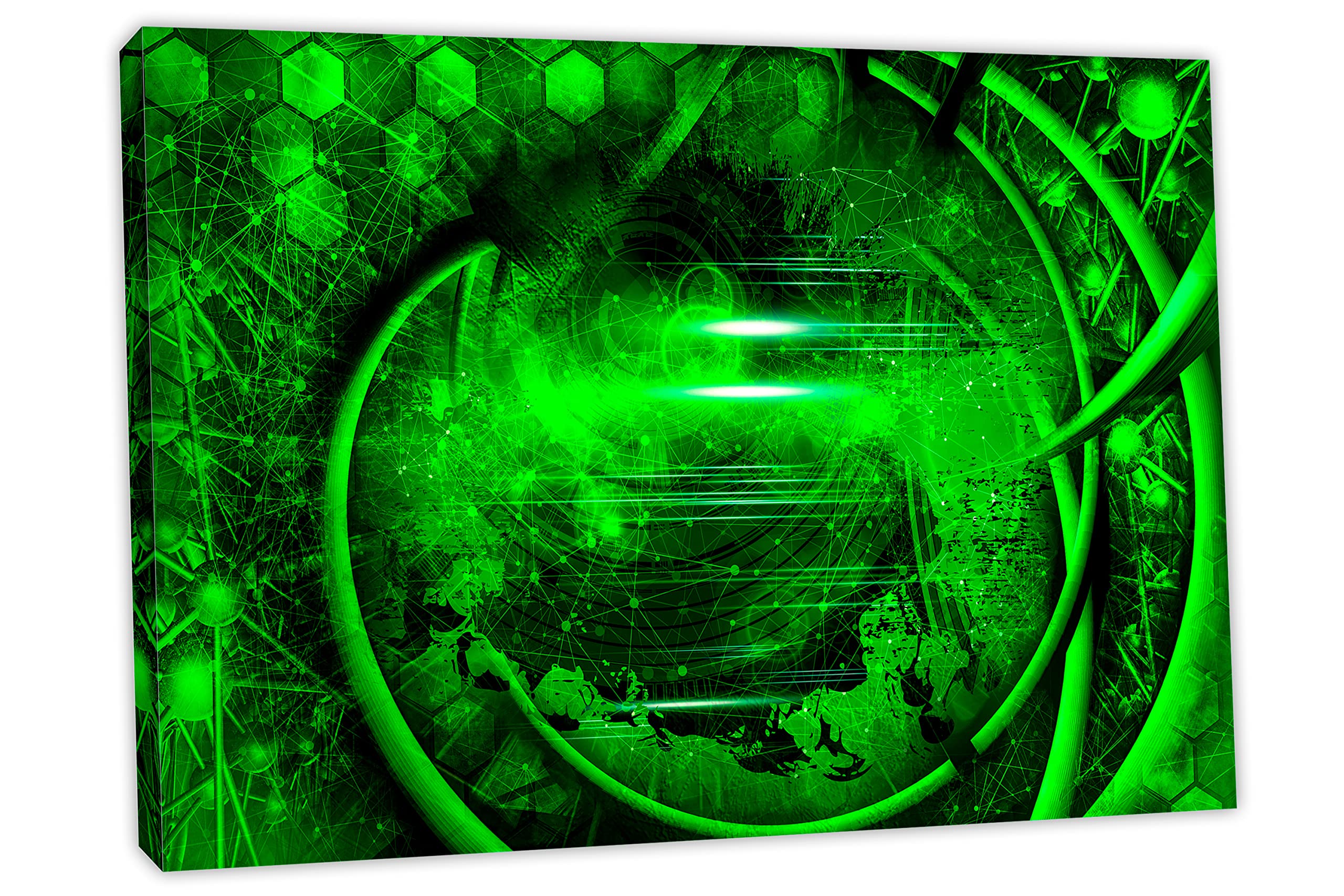60x40 Abstract Technology Concept Wall Art Canvas Print - Green Hexagonal Techno Digital Art for Modern Home & Office Decor