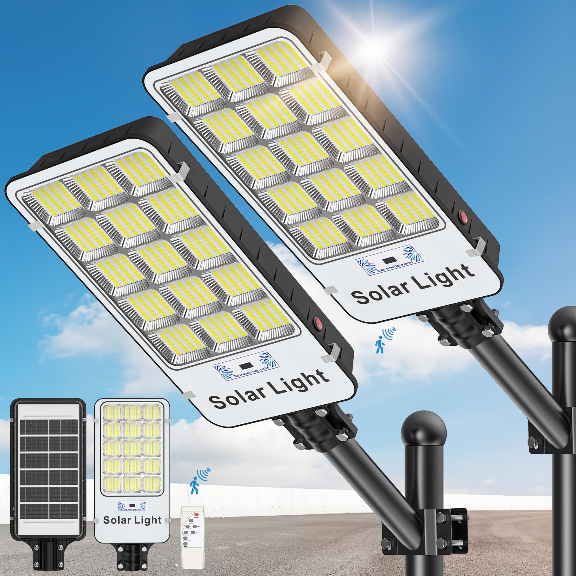 2000W Solar Street Lights Outdoor Waterproof - 2 Pack 6500K Commercial Solar Parking Lot Lights with Dusk to Dawn & Motion Sensor for Streets, Yards, Pathways (Ideal for Parking Lots, Driveways & Garden Lighting)