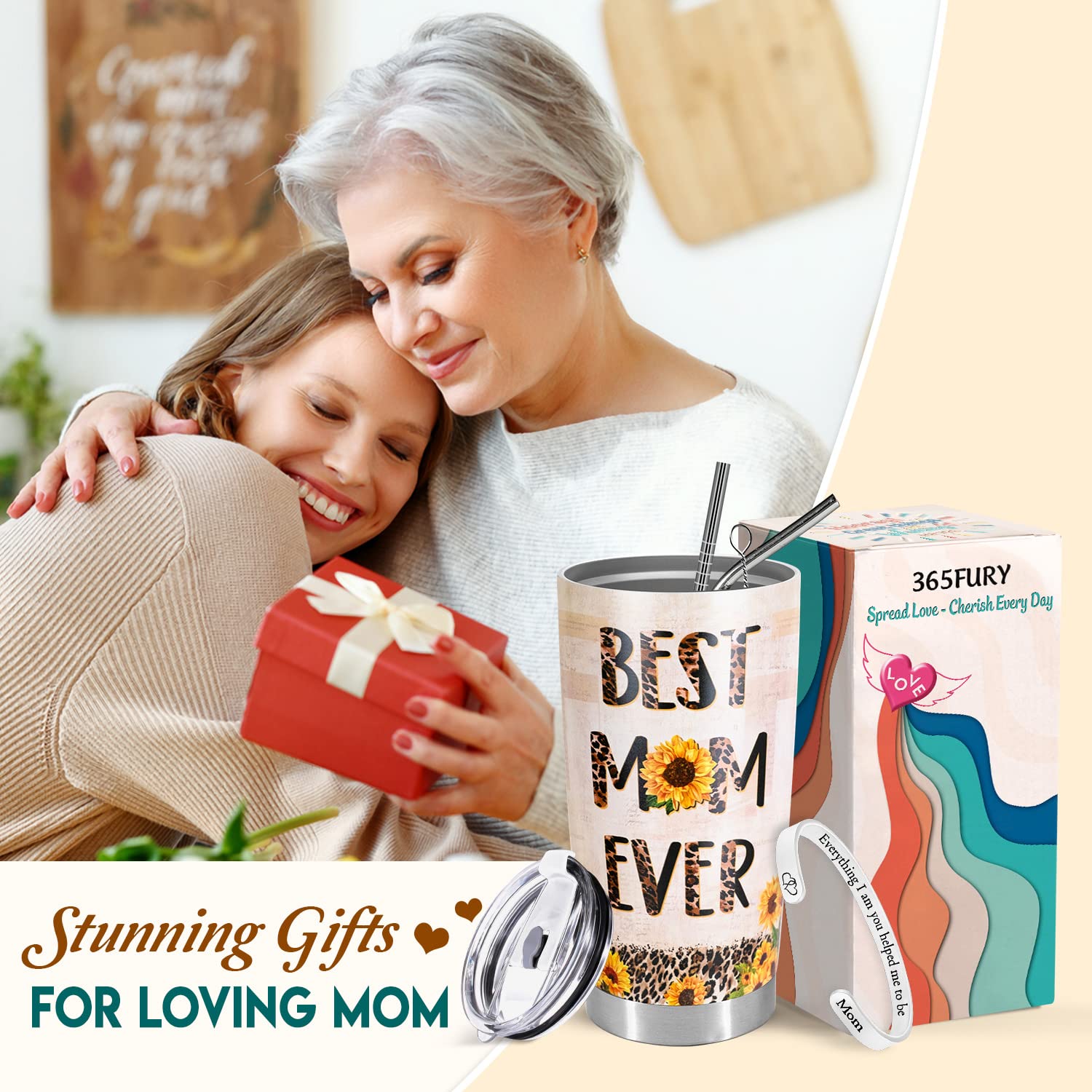 Best Mom Ever Gifts - 20oz Insulated Tumbler with Straw & Inspirational Bangle Bracelet Set - Perfect Birthday, Mother's Day, Christmas Gift from Daughter or Son - Thoughtful Present for Mom, Grandma, Wife - Great for Coffee, Tea & Daily Motivation
