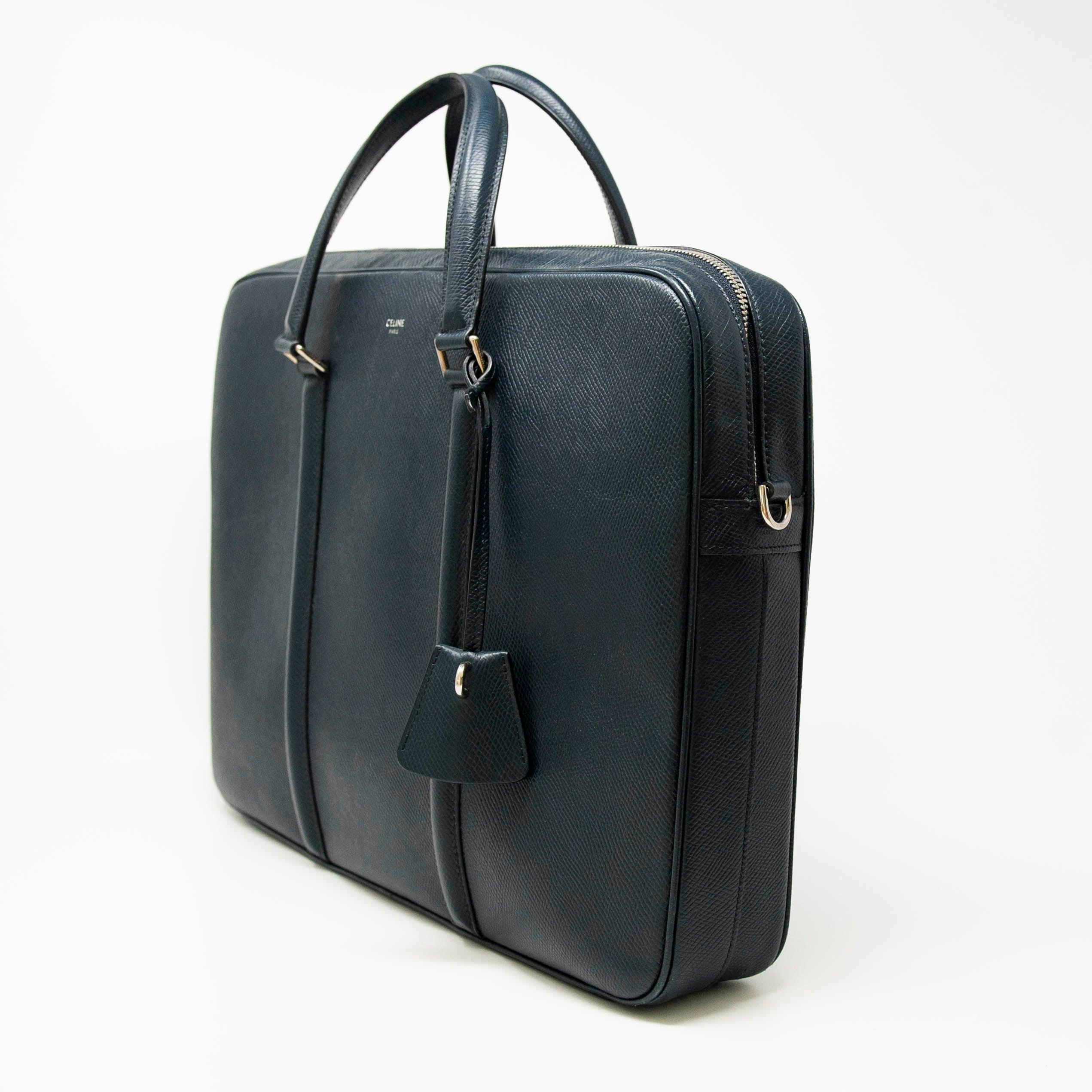 Luxury Celine Navy Grained Calfskin Leather Briefcase for Men - Professional Business Work Bag for Office, Travel & Executive Meetings