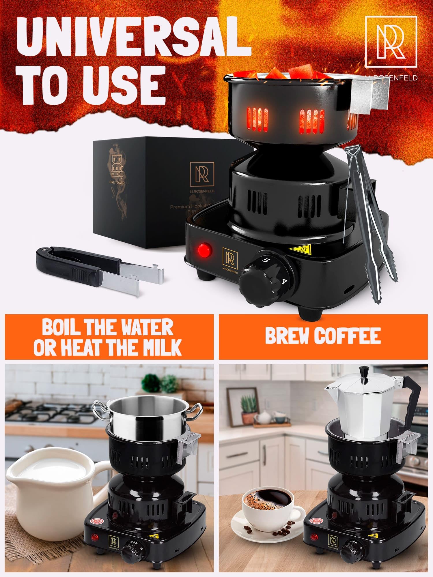 450W Electric Charcoal Starter - Fast & Safe Coconut Coal Lighter with Stainless Steel Tongs - Approved for Electric Stoves & Indoor/Outdoor BBQ, Camping, Smoking, Grilling