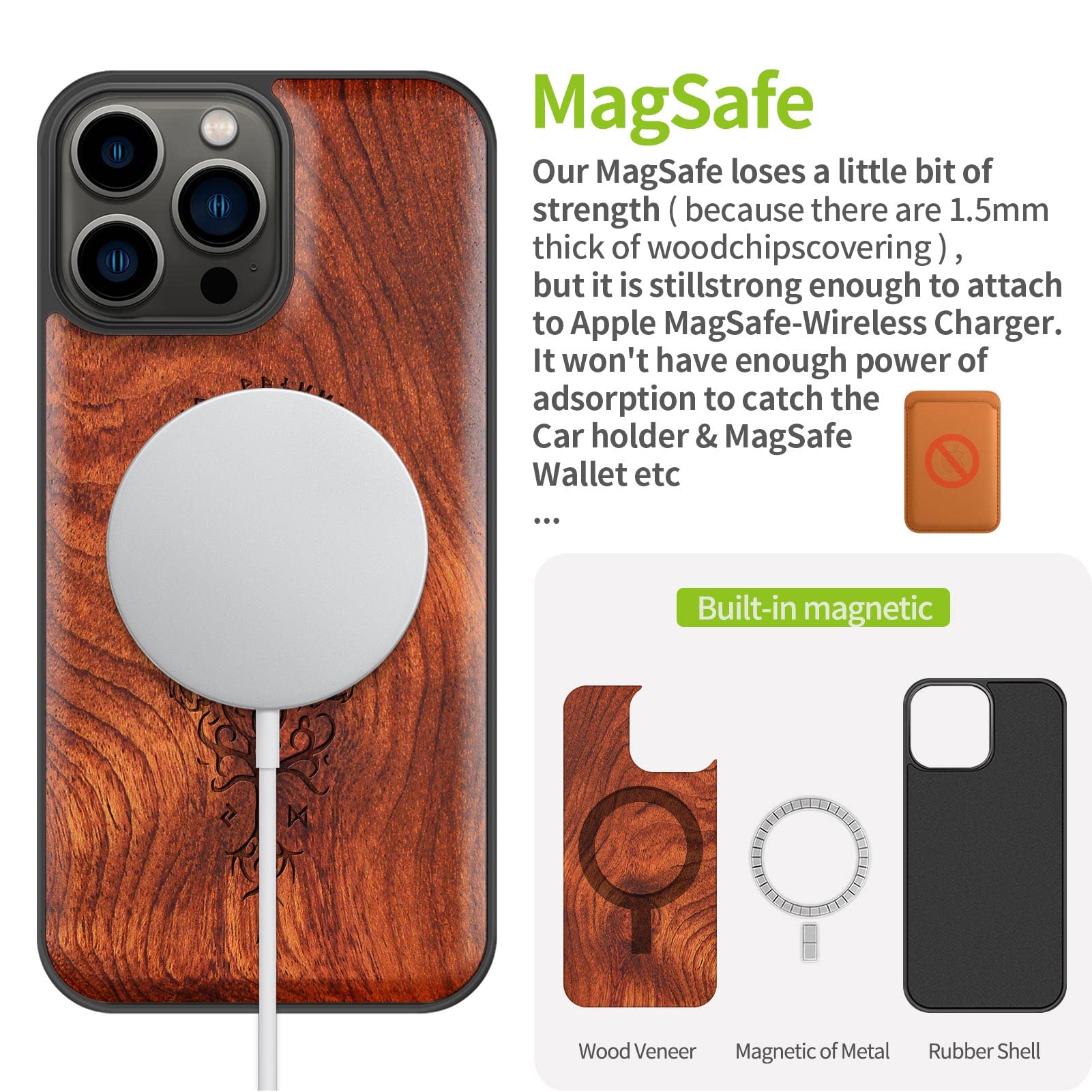 Carveit Magnetic Wood Case for iPhone 13 Pro Max - Natural Rosewood & Black TPU Shockproof Cover with MagSafe Compatibility | Viking Compass Vegvisir Design | Perfect for Outdoor Adventures & Daily Protection