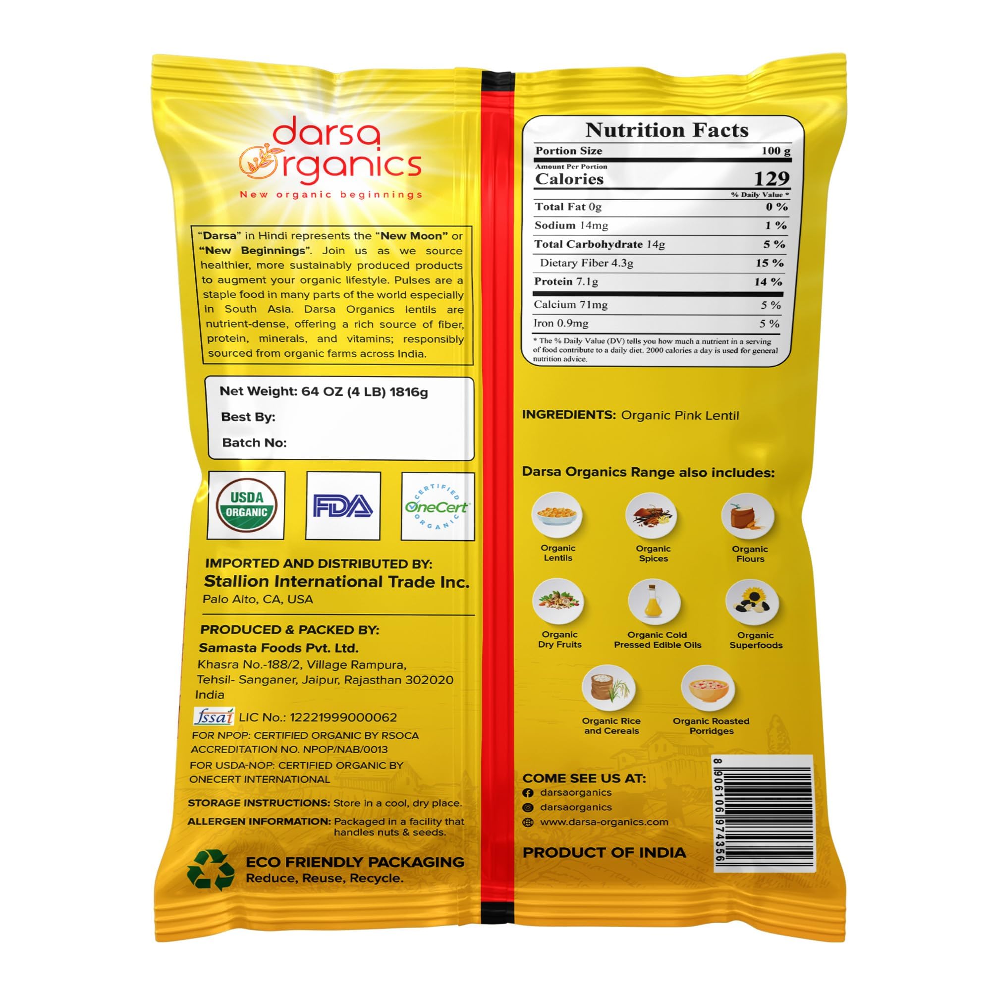 Darsa Organics Red Lentils 4 lb - USDA Certified, Non-GMO, Gluten-Free, Kosher, Indian Masoor Dal Without Skin | High Protein Plant-Based Lentils for Soup, Stews, Pasta, Curries & Vegan Recipes | Perfect for Meal Prep & Healthy Cooking