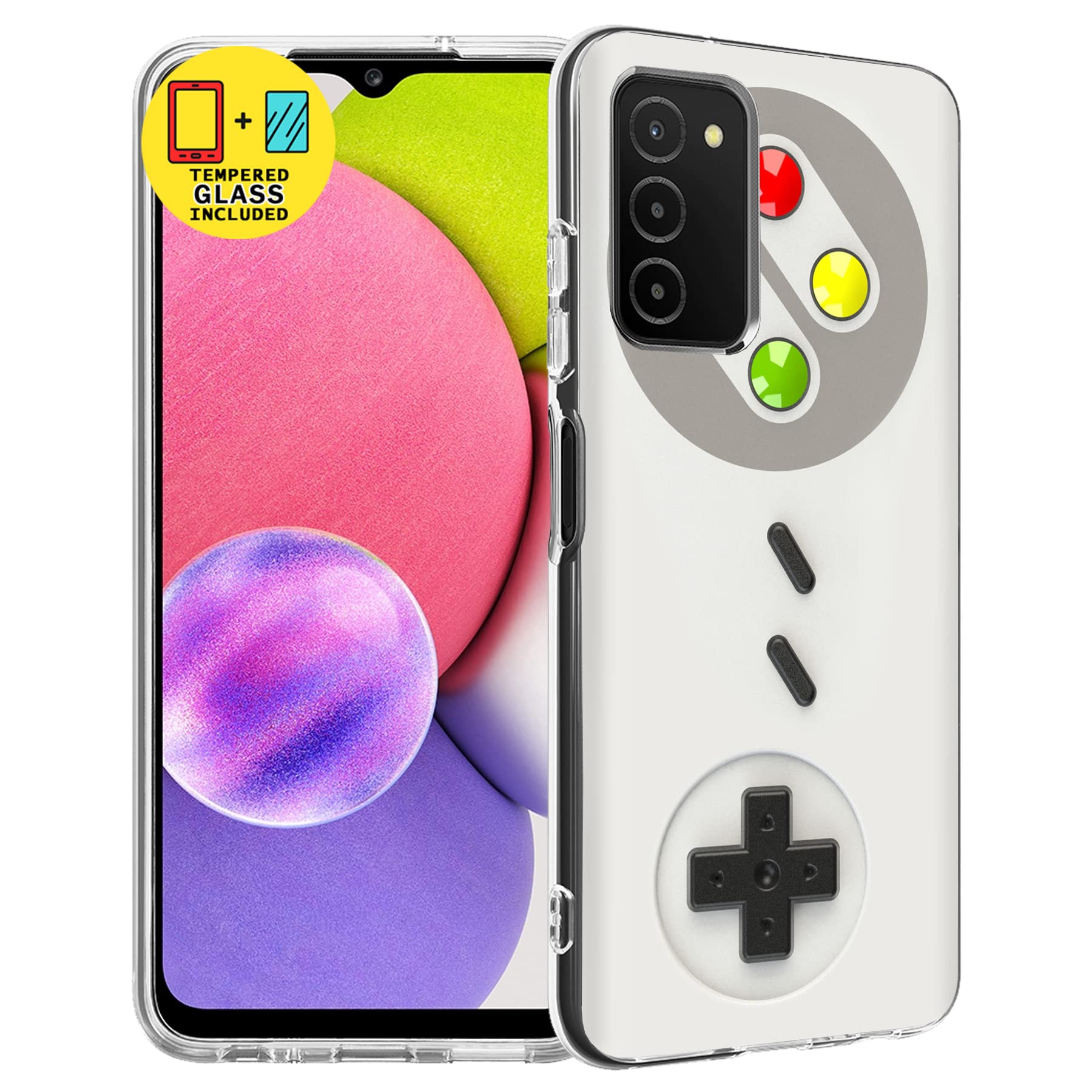 Slim TPU Case for Samsung Galaxy A03s / SM-A037 - Lightweight Flexible Protective Cover with Tempered Glass Screen Protector | Gameboy Design | Anti-Scratch Soft Gel Phone Case | Made in USA | Perfect for Gaming, Daily Use & Travel Protection