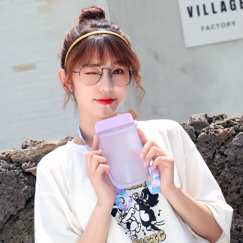 Kawaii Popsicle Water Bottle 300ml - Cute Juice Cup with Strap for Outdoor & School (Purple)