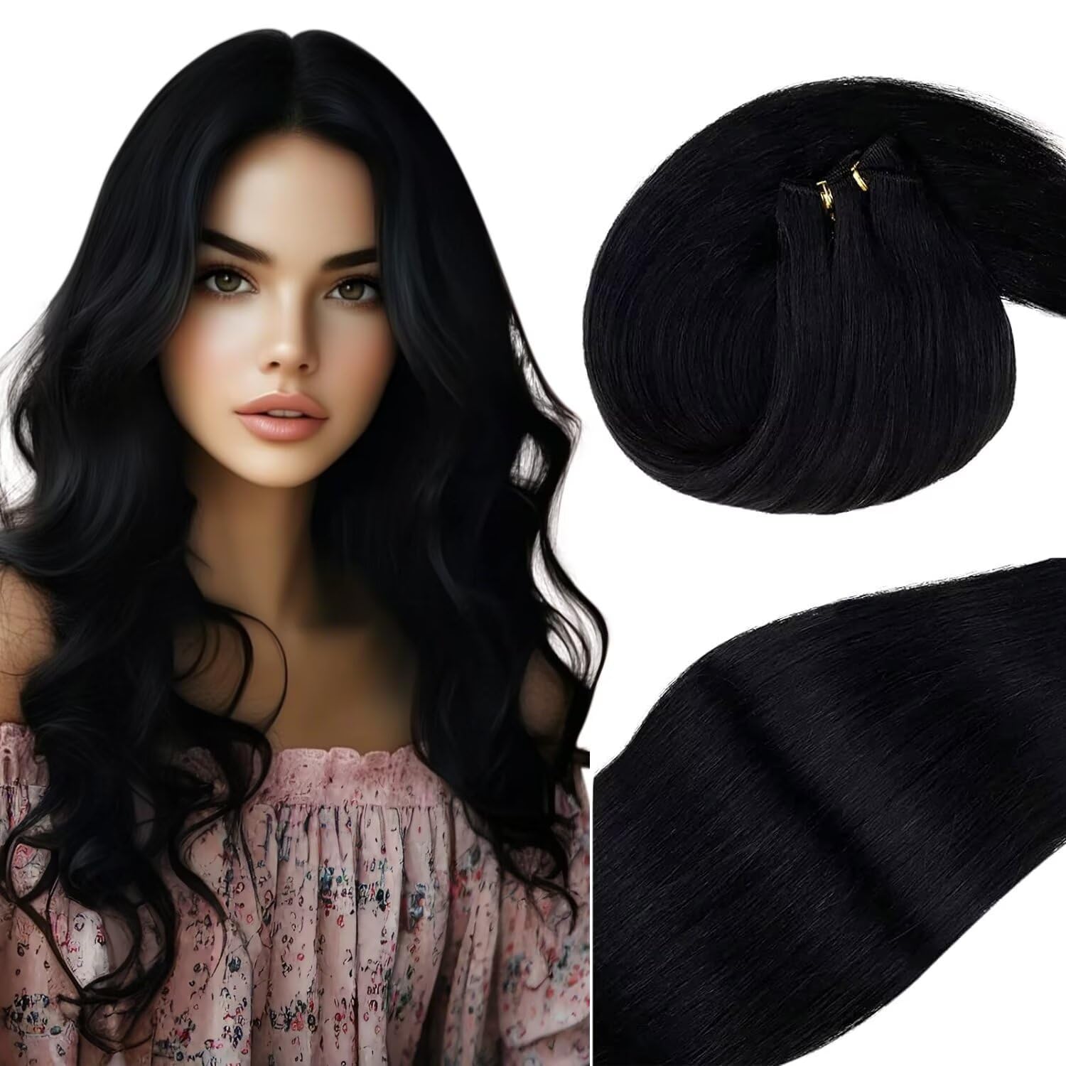 Vivien Black 22 Inch Remy Human Hair Extensions - 100G Double Weft Sew-in Weft Bundles (Jet Black #1) for Natural Volume & Length | Perfect for Daily Styling, Special Occasions & Protective Hairstyles