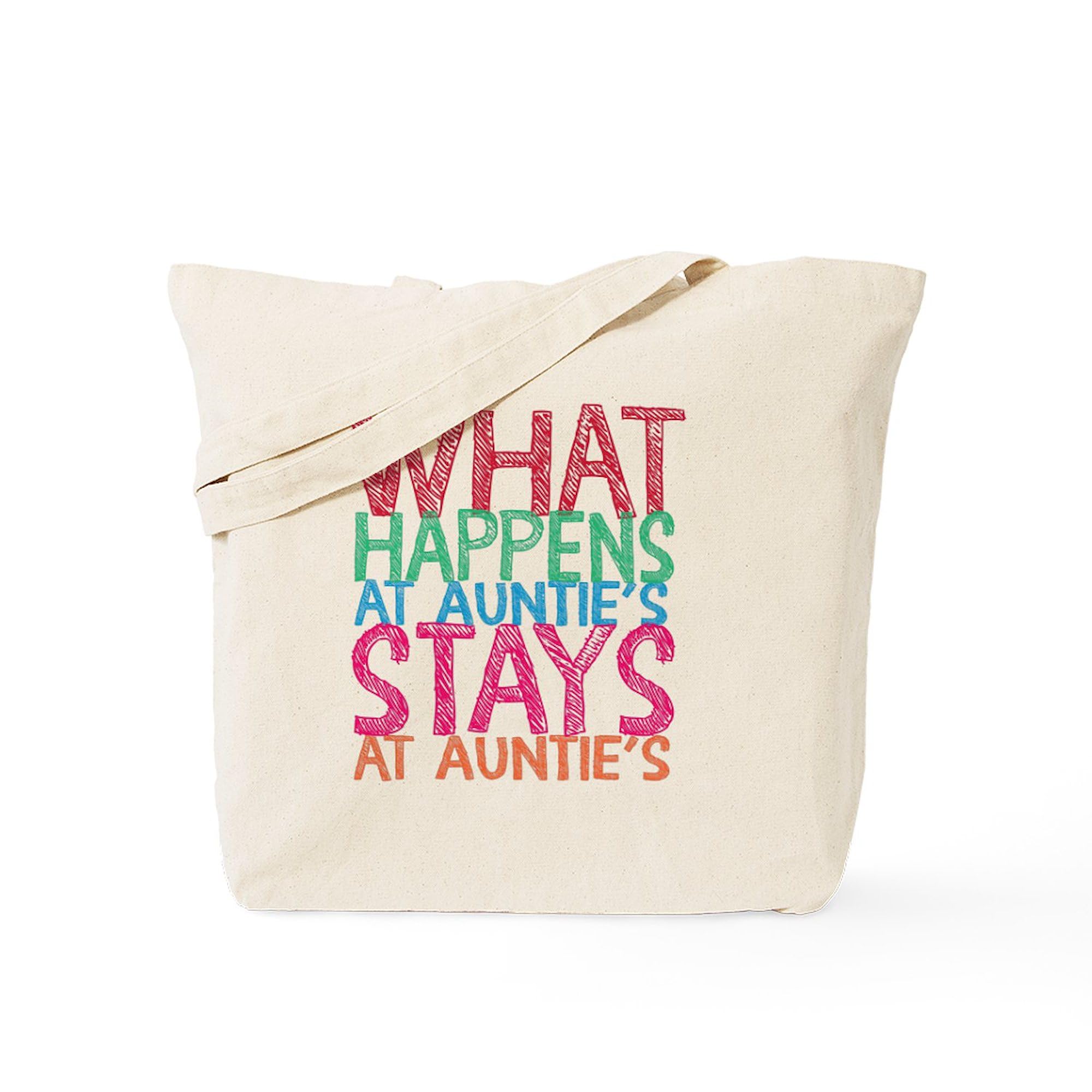 Reusable Natural Canvas Tote Bag - Funny 'What Happens At Auntie's' Design - Eco-Friendly Shopping Bag for Groceries, Beach, Work & Daily Use