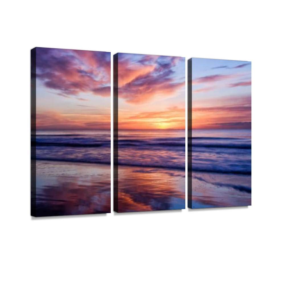 Long Exposure Sunrise Myrtle Beach South Carolina Sea Canvas Wall Art - 3 Panel Coastal Paintings for Living Room & Bedroom Decor - Ocean View Home Wall Decor Posters - Perfect for Beach House & Coastal Theme Interior Design