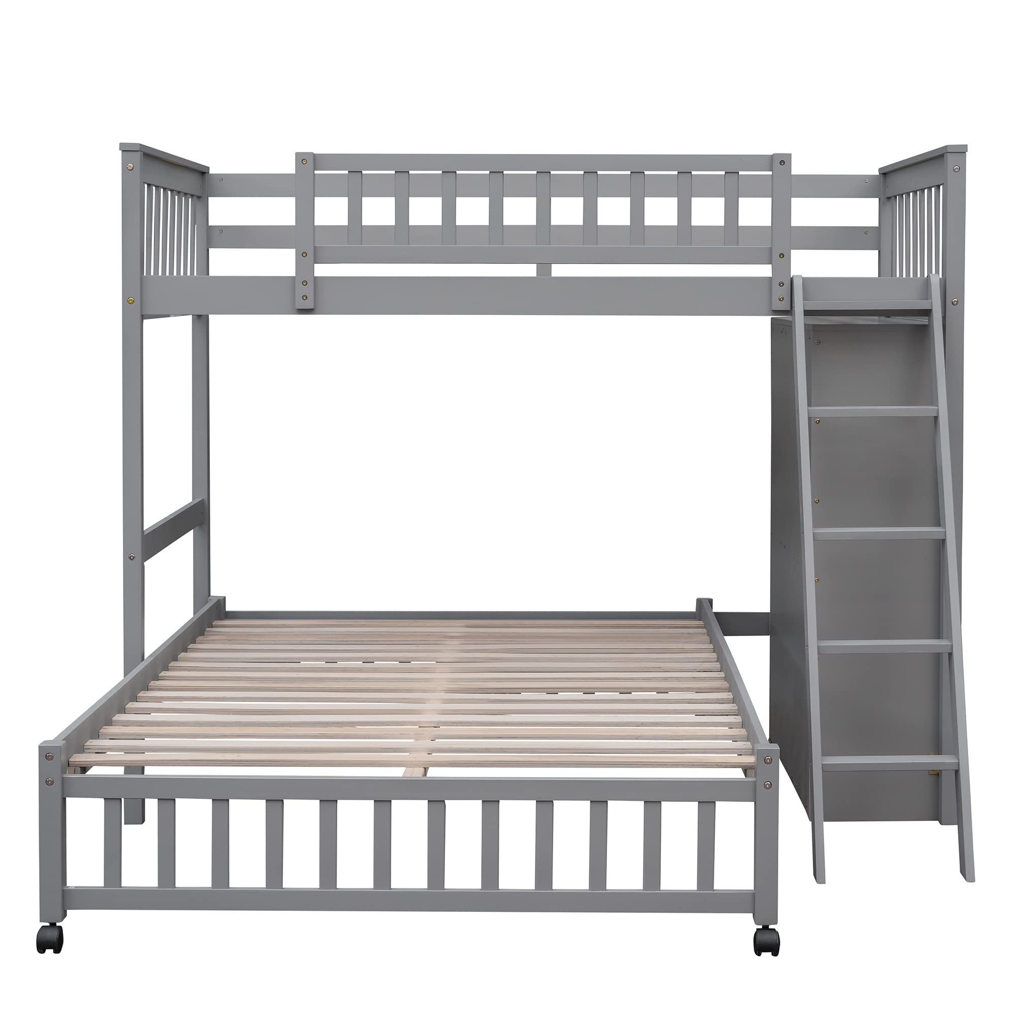 Twin Over Full Bunk Bed with Storage - Solid Wood Bunk Bed with 6 Drawers & 3 Adjustable Shelves, Convertible Loft Bed with Rolling Lower Bed for Kids, Teens & Adults - Space-Saving Bedroom Solution for Small Rooms, Guest Rooms & Dormitories (Gray)
