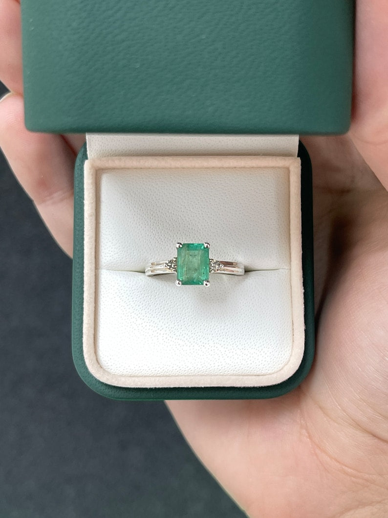 1.92tcw SS Natural Medium Green Brilliant Round Emerald Cut Diamond Three Stone Sterling Silver Ring for Women - Elegant Wedding, Engagement & Anniversary Jewelry Gift