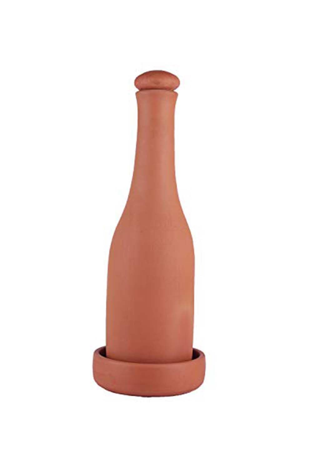 Village Decor Preseasoned Handmade Terracotta Water Bottle with Cork & Tray - 27oz Clay Mud Bottle for Home, Office & Outdoor Use | Natural Cooling Water Storage