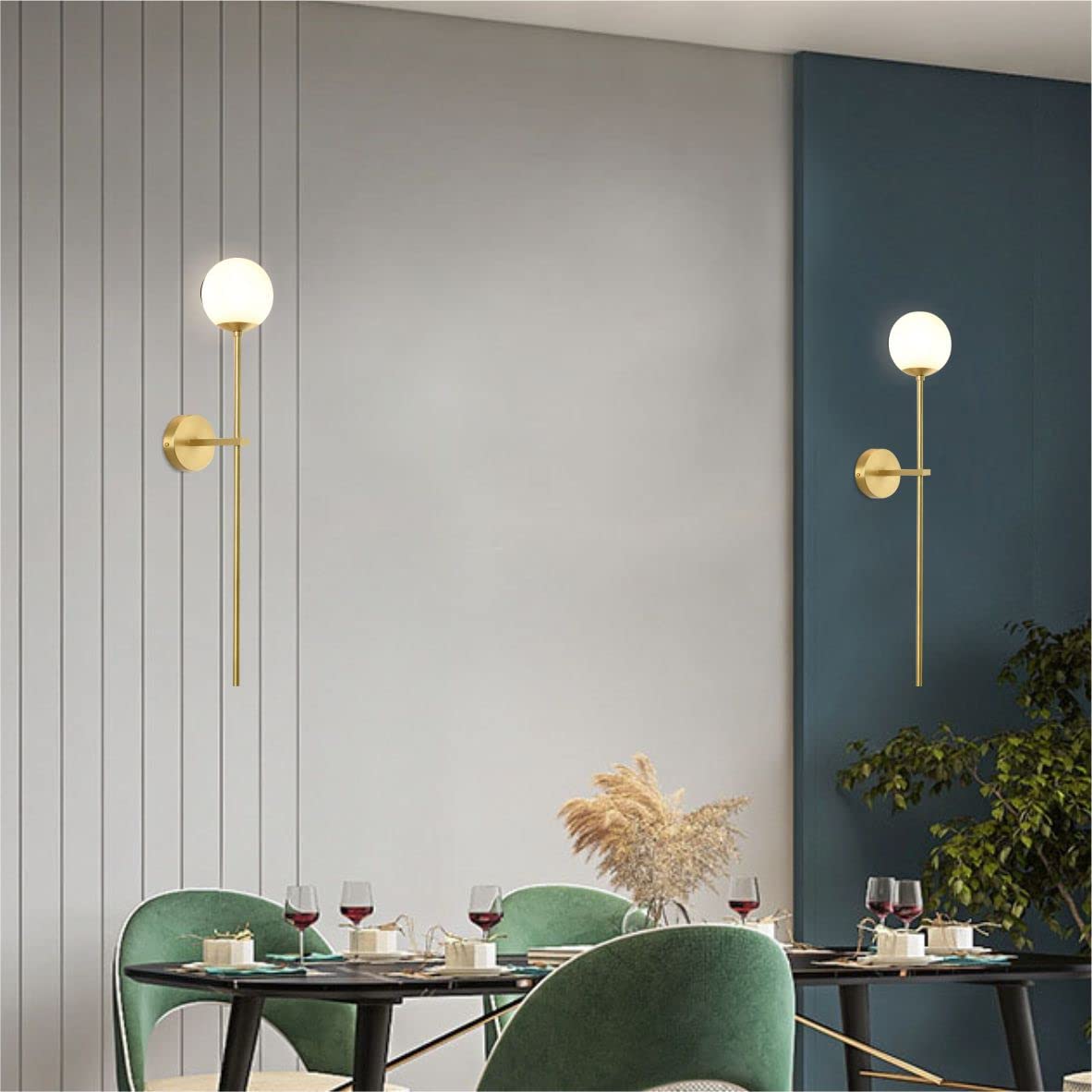 Modern 2-Light Glass Globe Wall Sconce - Antique Brass Industrial Wall Mounted Lamp with Long Pole - 2 Pack Bathroom Vanity Light for Living Room, Bedroom, Stairway & Hallway - Perfect for Ambient Lighting in Home Decor (Milk White)