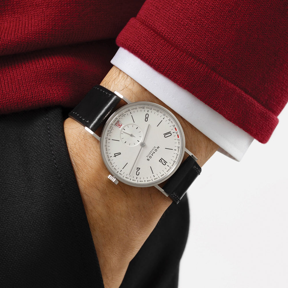 NOMOS Tangente 2Date 37.5mm Silver Dial Leather Strap Watch - Minimalist German Design for Business & Formal Occasions