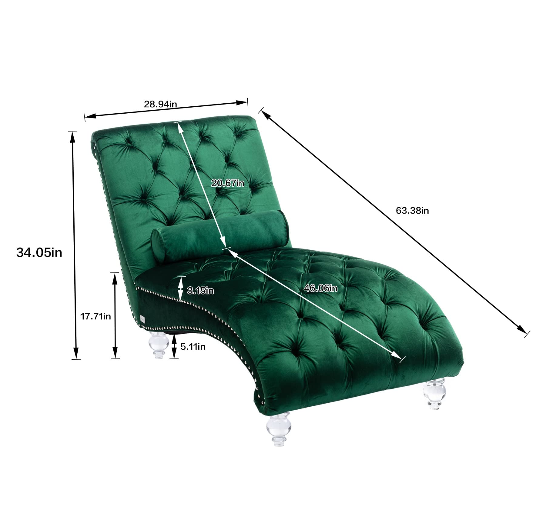 Tufted Velvet Chaise Lounge Chair - Upholstered Living Room & Bedroom Accent Chair with Waist Pillow & Acrylic Feet, Curved Cushion Fabric Sofa (Emerald Green) - Perfect for Reading Nooks, Home Theaters & Cozy Spaces