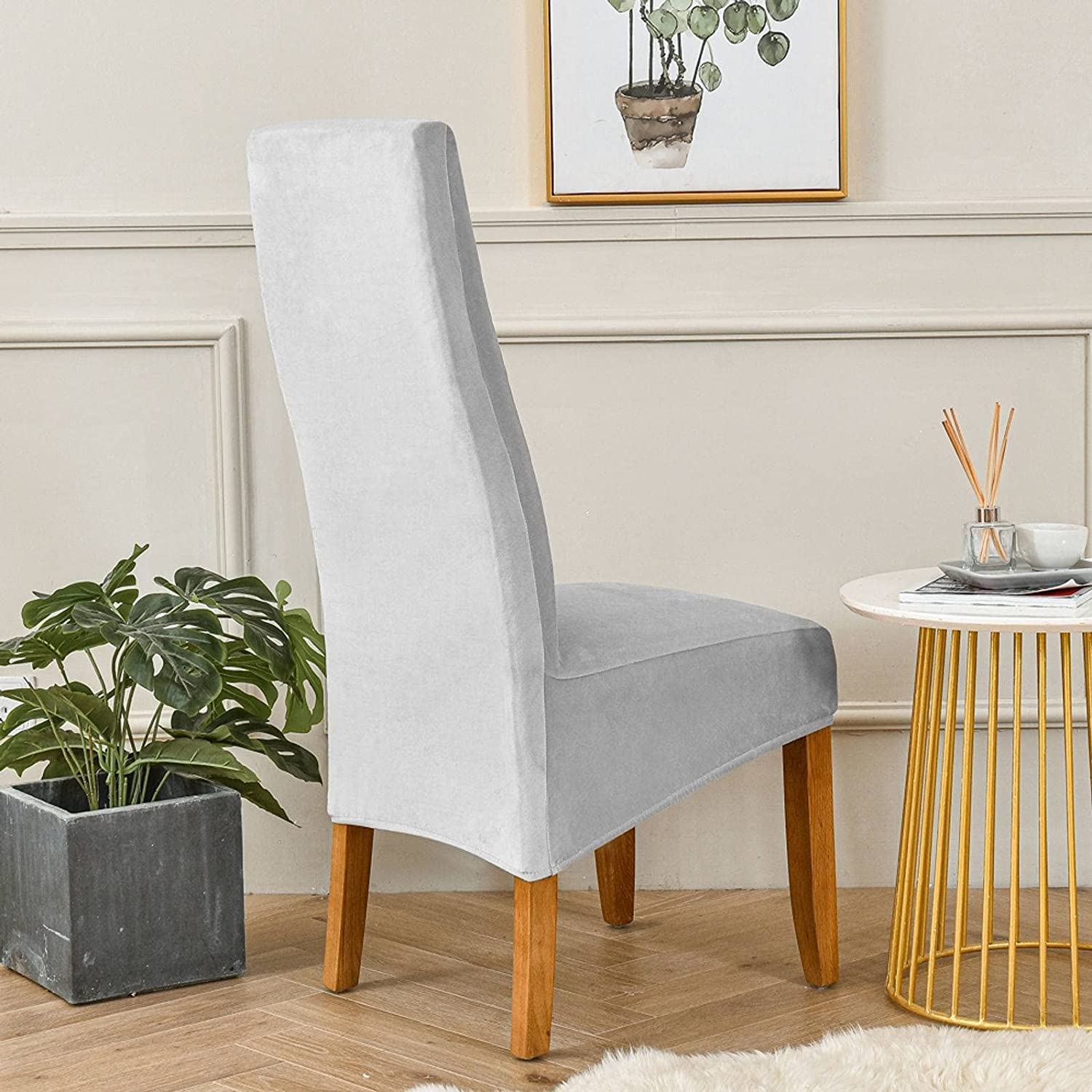 Elastic Velvet Chair Slipcovers - Stretch Dining Chair Covers Set of 4, Soft Universal Washable Seat Protector for Dining Room, Living Room & Office (Light Gray) - Perfect for Home Decor, Furniture Protection & Special Occasions