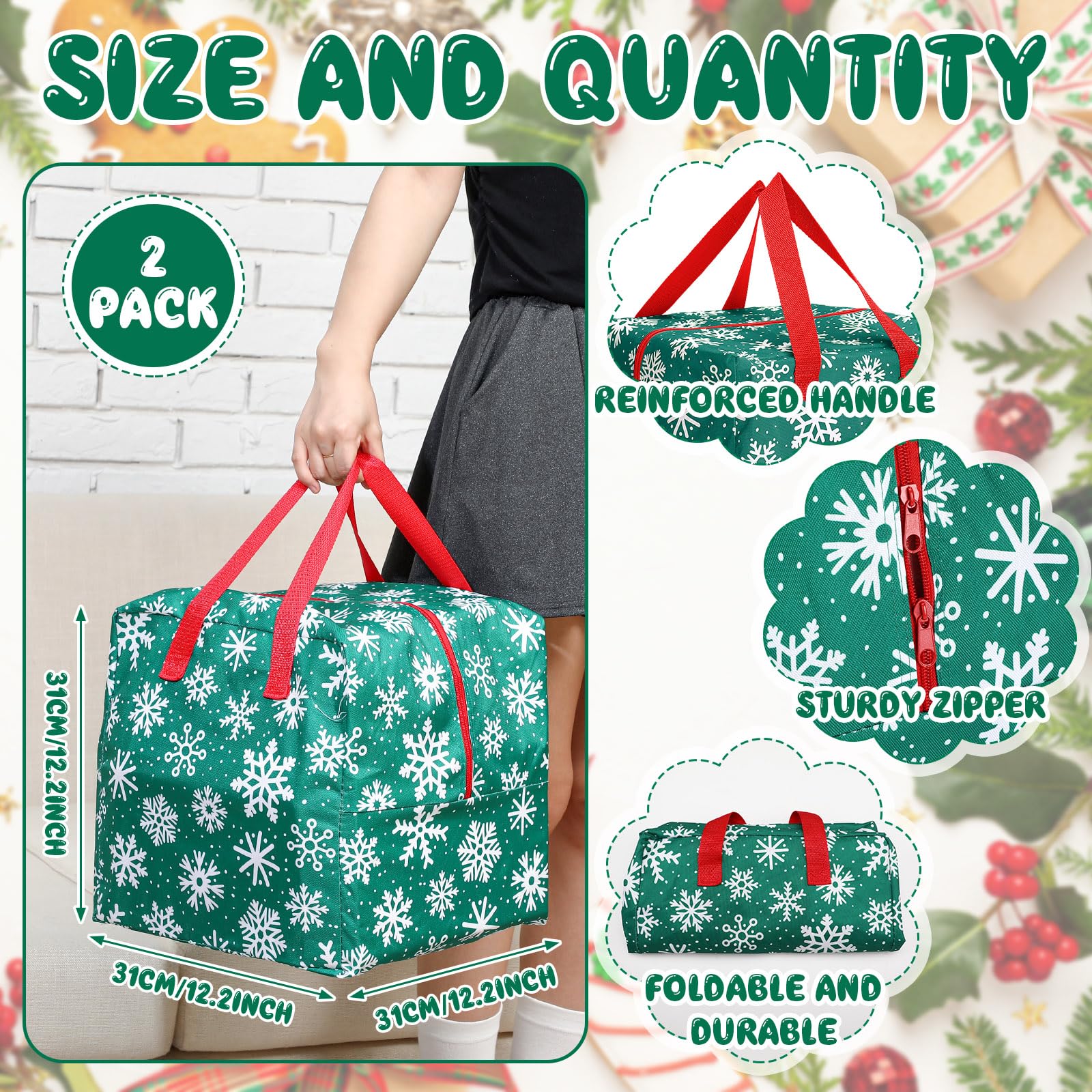 Kajaia 2-Pack Christmas Ornament Storage Boxes 12x12x12 Inch - Durable Snowflake Holiday Organizer Bags with Handles & Full-Length Zipper - Tear-Proof Xmas Decoration Containers (Green) - Perfect for Storing & Protecting Holiday Decorations
