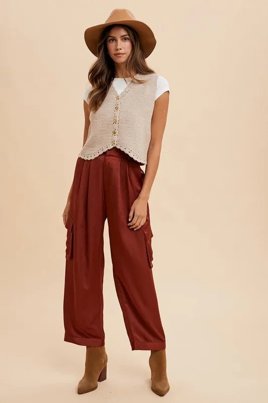 Annie Wear Women's Wide Leg Cargo Satin Pants - High Waisted Fashion Trousers for Casual & Work Outfits | Comfortable Stretch Fabric for Everyday Wear