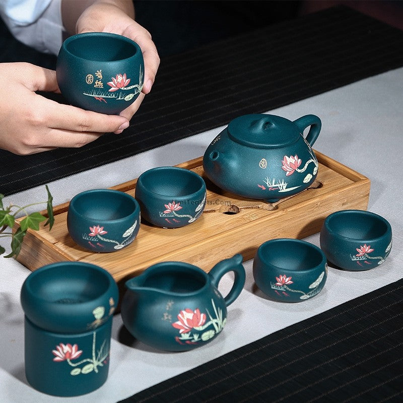 Premium Yixing Blue Clay Lotus Teapot Set - Authentic Chinese Shi Piao Tea Ceremony Gift for Oolong & Pu-erh Tea Lovers | Perfect for Home Tea Ceremonies, Meditation & Gifting