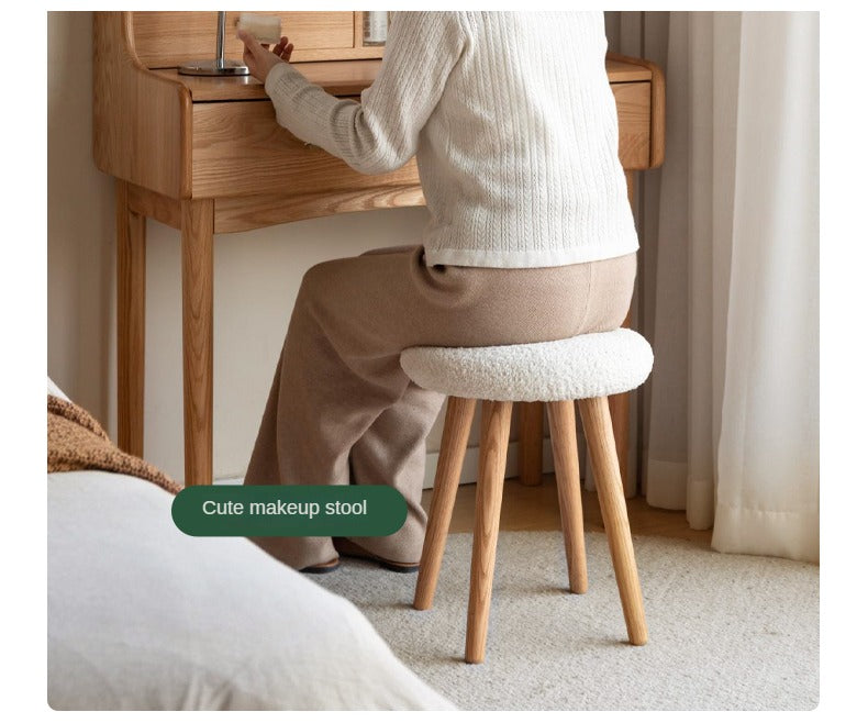 Oak Solid Wood Round Makeup Stool - Durable Vanity Seat with Cushion for Bedroom, Bathroom & Dressing Room - Perfect for Makeup, Hair Styling & Relaxing