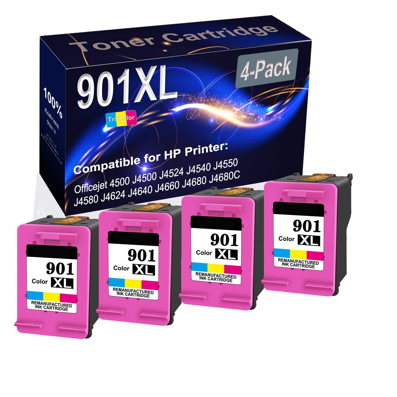 4-Pack Tri-Color HP 901XL Ink Cartridges for OfficeJet Printers - Home & Office Use
