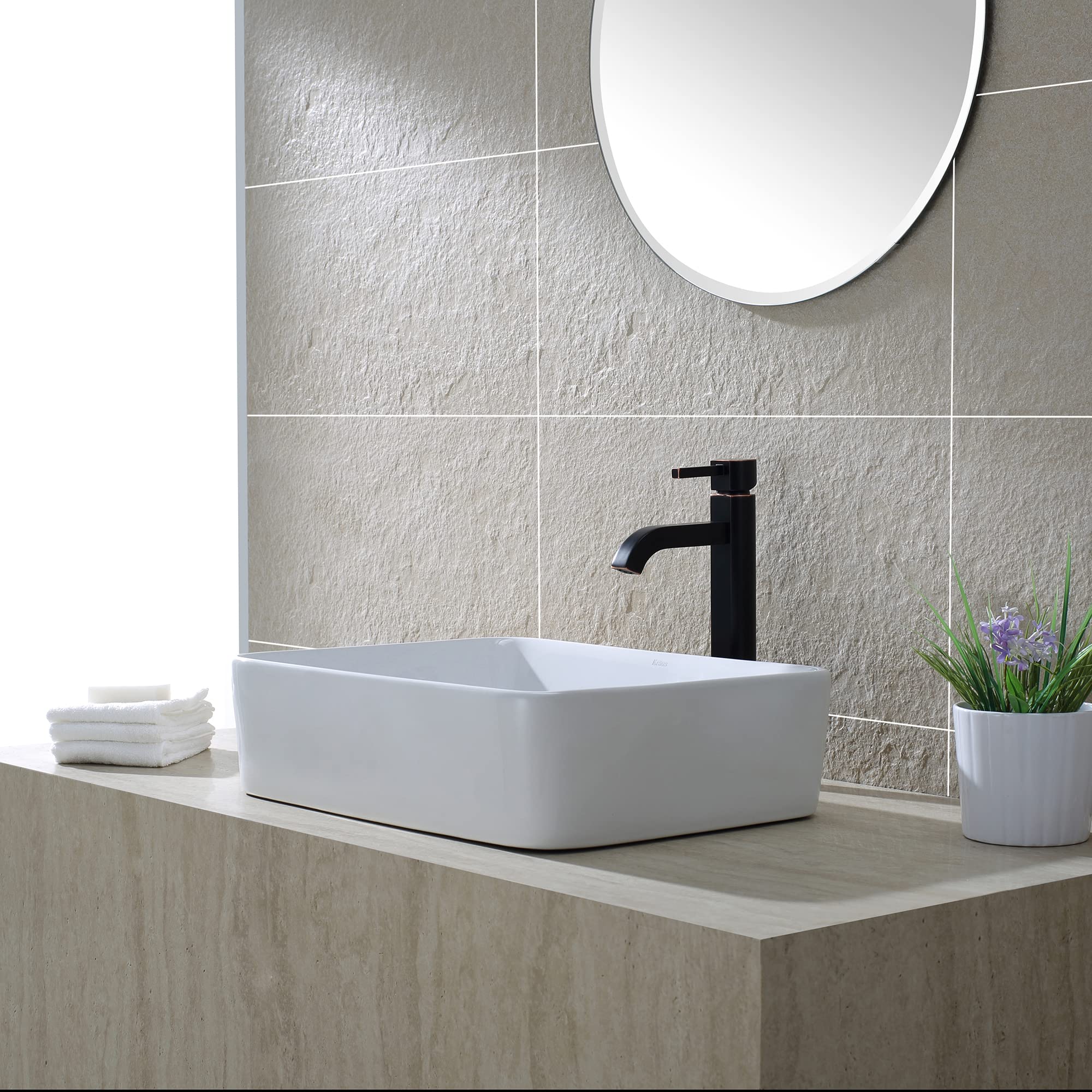 Kraus KCV-121-ORB White Rectangular Ceramic Kitchen Sink with Pop-Up Drain, Oil Rubbed Bronze Finish - Perfect for Modern Farmhouse & Rustic Bathroom Renovations