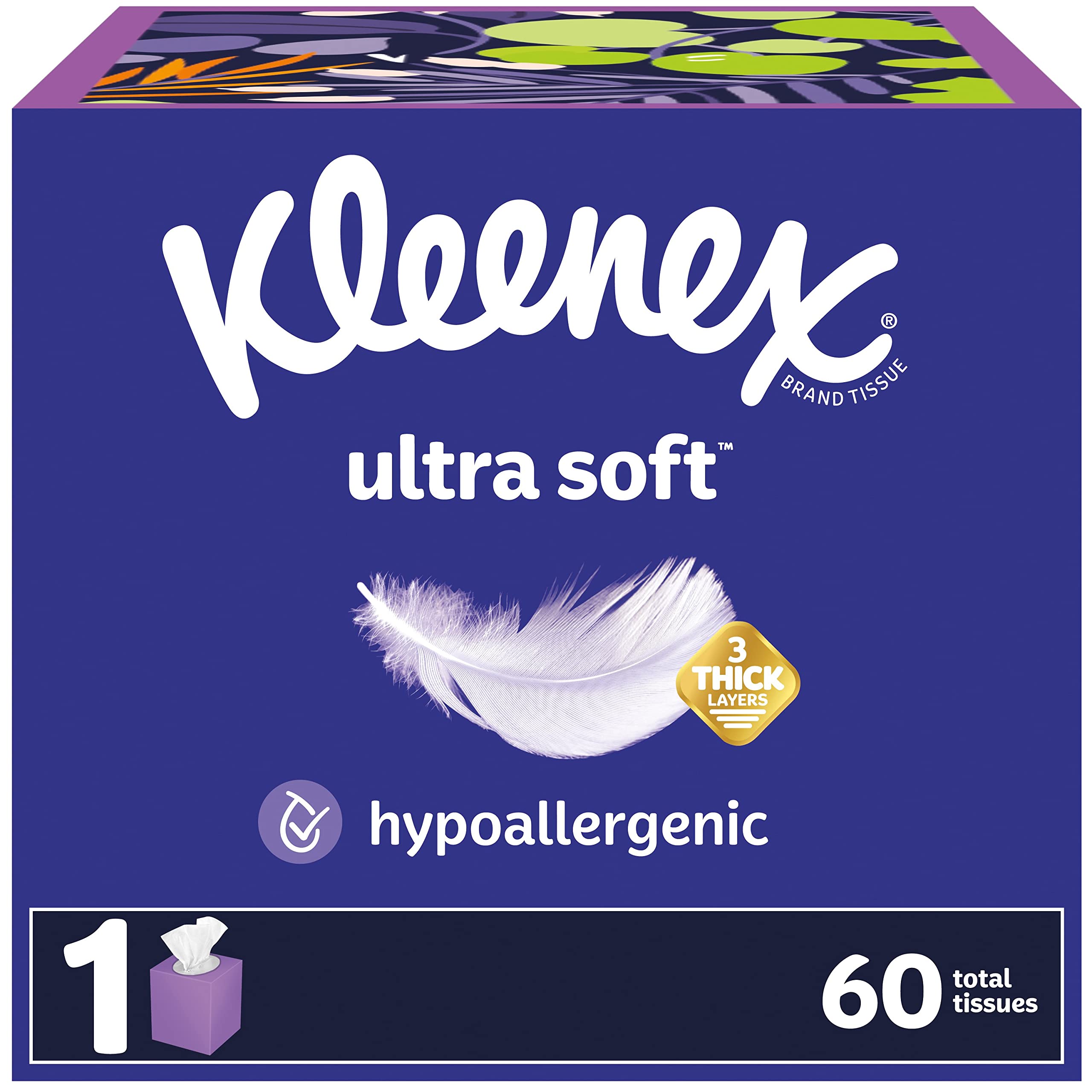 Kleenex Ultra Soft Facial Tissues - 3-Ply Cube Box (60 Tissues) for Home, Office & Travel | Hypoallergenic & Gentle on Skin