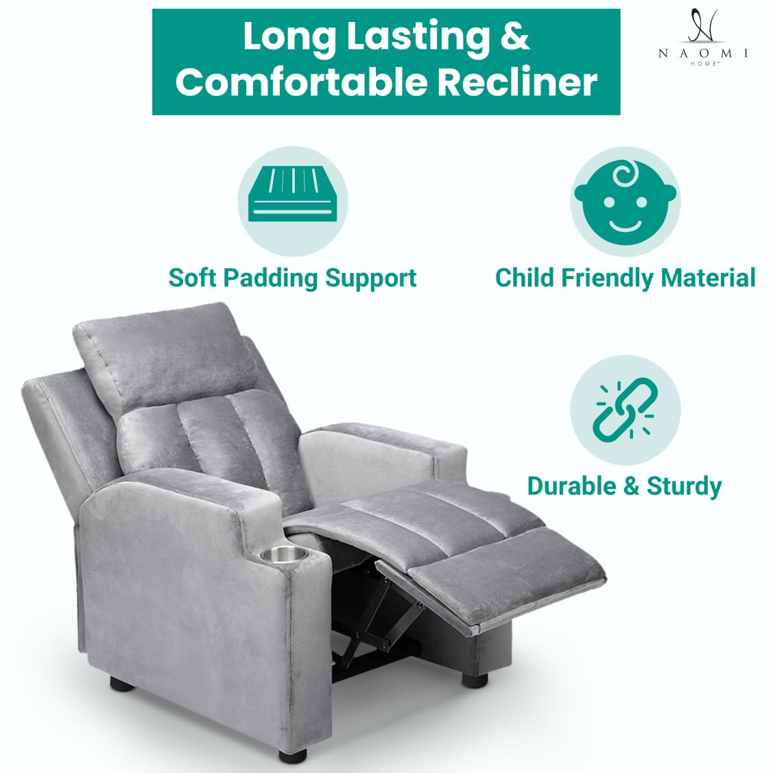 Naomi Home Sally Kids Recliner Chair - Soft Toddler Recliner for Ages 1-5, Adjustable Baby Recliner with Removable Cover, Gray - Perfect for Nursery, Playroom & Kids' Movie Night