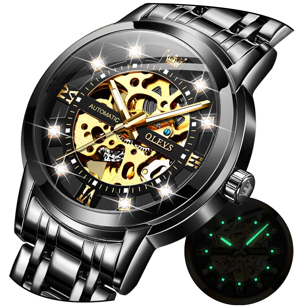 OLEVS Automatic Skeleton Watches for Men - Luxury Mechanical Gold Wristwatch with Diamond Accents, Stainless Steel Case, Waterproof & Luminous - Perfect for Business, Formal Events & Gift Giving