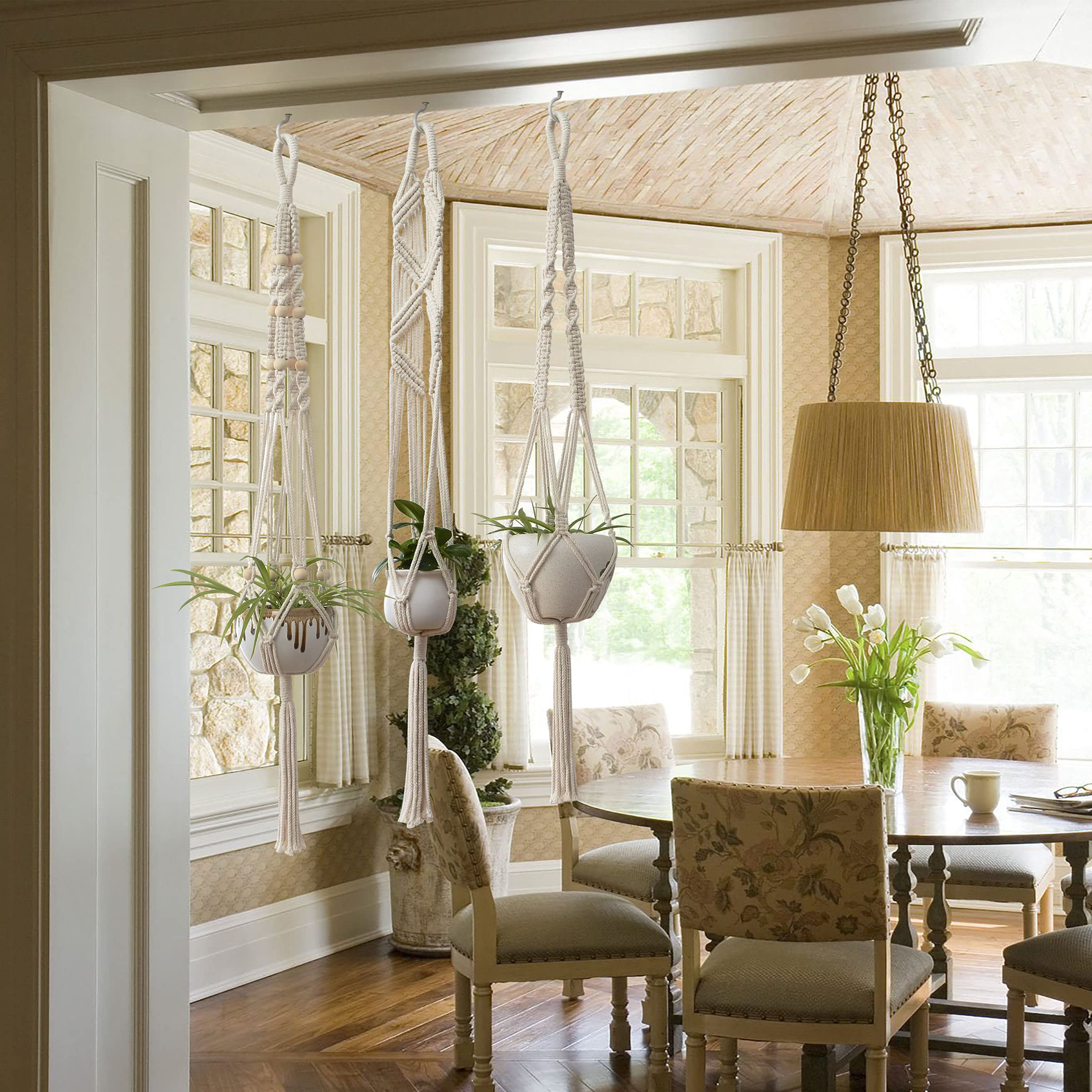 SO CAL PRO 5-Pack White Macrame Plant Hangers with Hooks - Boho Home Decor for Indoor Plants, Wall Hanging, Living Room, Bedroom & Patio
