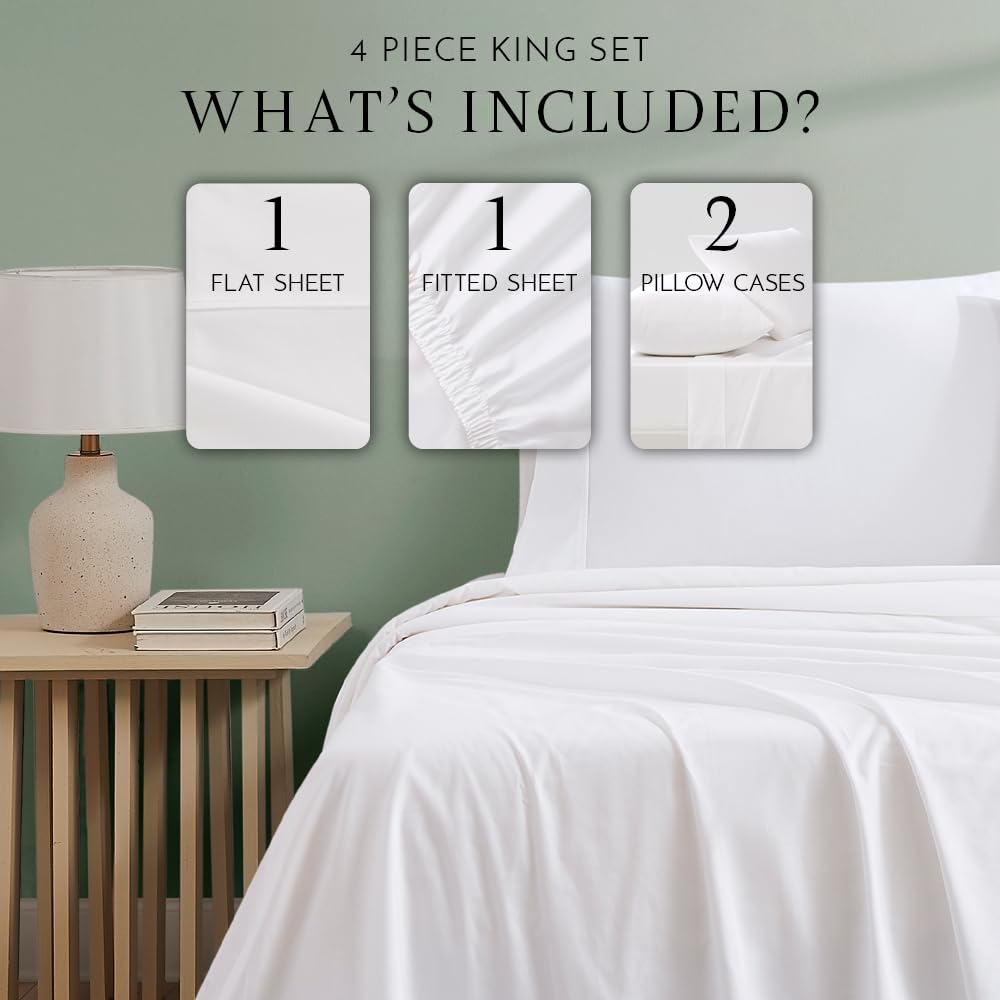 Luxury 300 Thread Count Organic Cotton 4-Piece King Sheet Set - Arctic White | Breathable & Hypoallergenic Bedding for Ultimate Comfort | Perfect for Master Bedrooms, Guest Rooms & Hotels