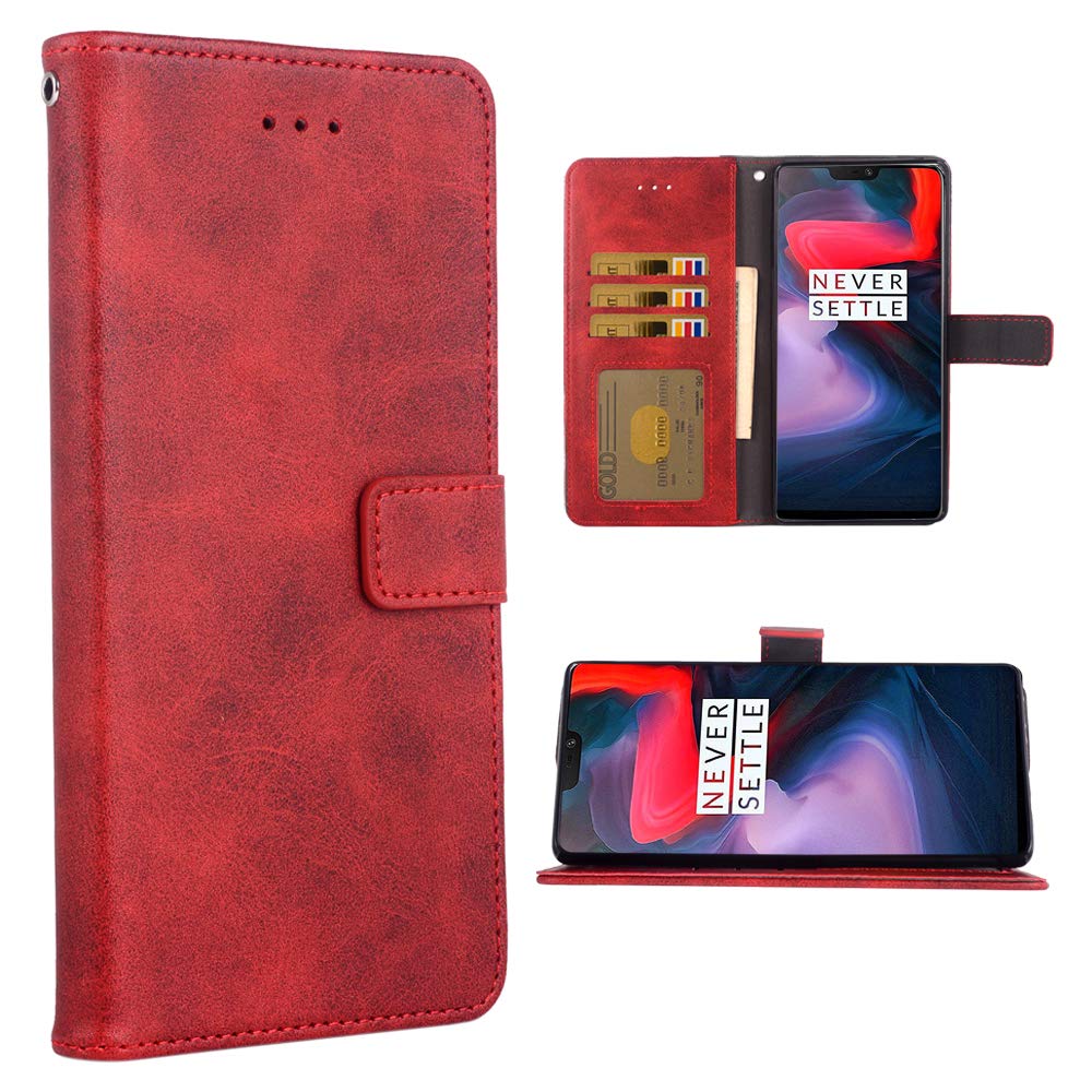 Premium Leather Wallet Case for OnePlus 6 - Flip Cover with Card Holder & Stand | Compatible with OnePlus 6 A6000 | Stylish Folio Case for Men & Women (Red) | Perfect for Business, Travel & Everyday Use