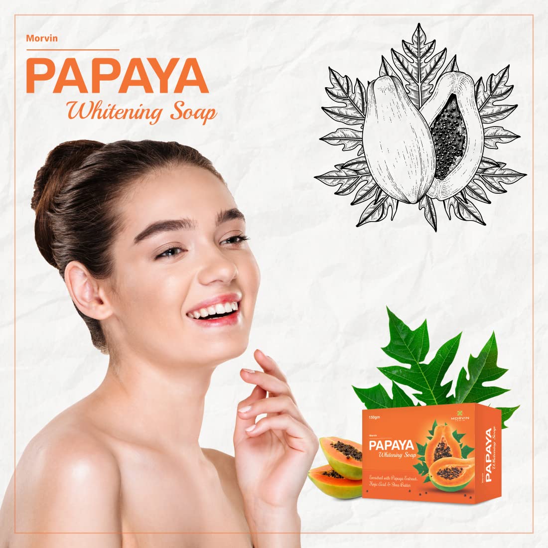 Morvin Papaya Soap Bar for Dark Spots & Acne - Enriched with Papaya Extract & Shea Butter (75g, 6-Pack) - Brightening Face & Body Cleanser for Glowing Skin | Perfect for Daily Skincare Routine & Acne-Prone Skin