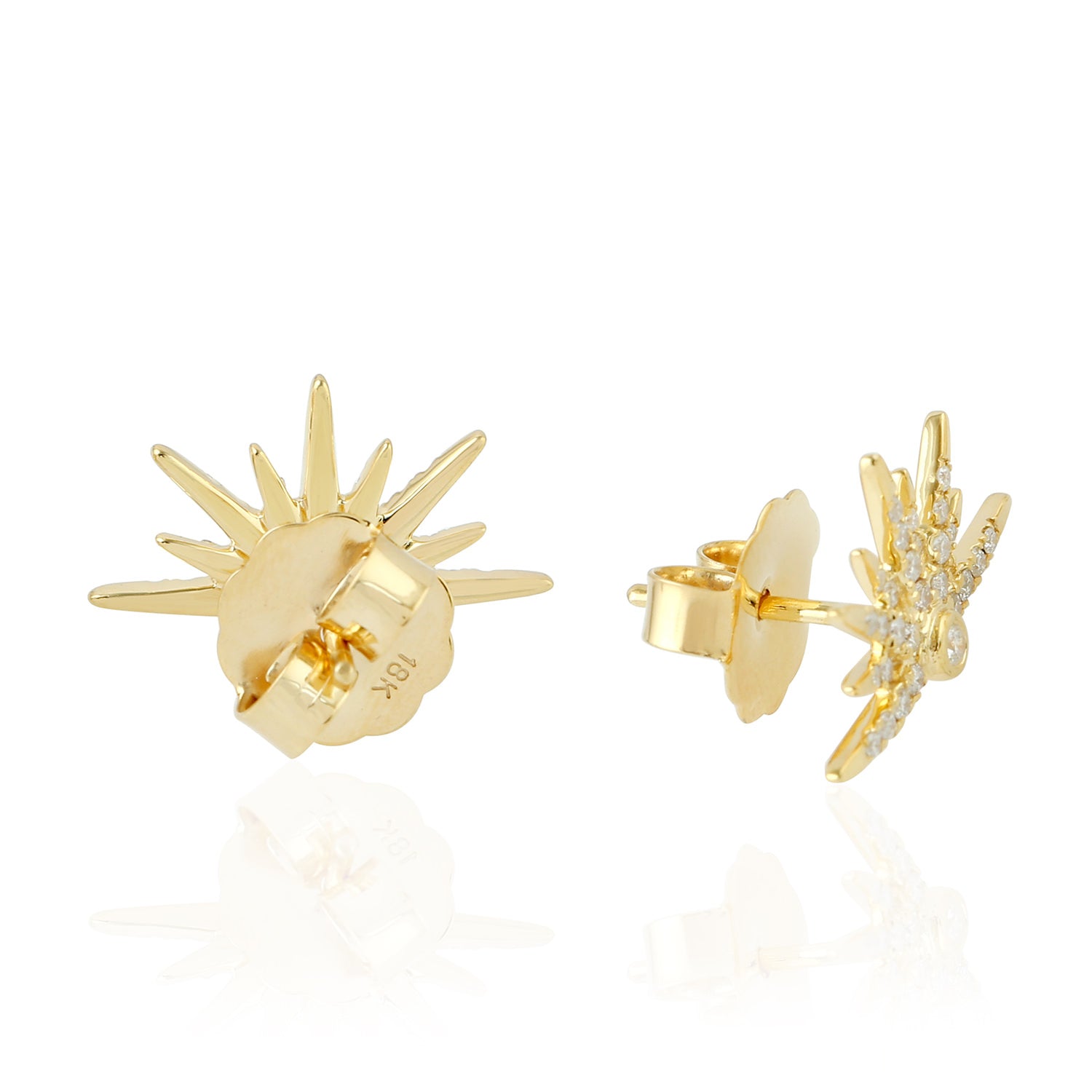 18K Yellow Gold Micro Pave Diamond Half Starburst Stud Earrings - Elegant & Sparkling Jewelry for Women, Perfect for Parties, Weddings & Special Occasions