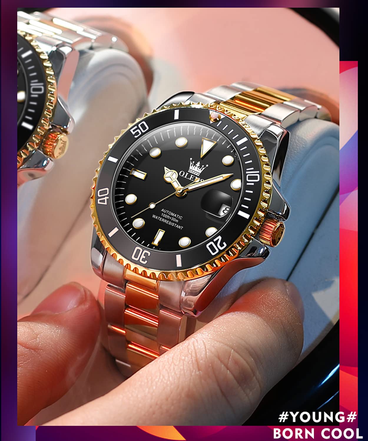 OLEVS Men's Automatic Self-Winding Mechanical Watch - Gold/Silver Stainless Steel Luxury Dress Watch with Big Face, Date Window, Waterproof & Luminous Rotating Bezel - Perfect for Business, Formal Events & Everyday Wear
