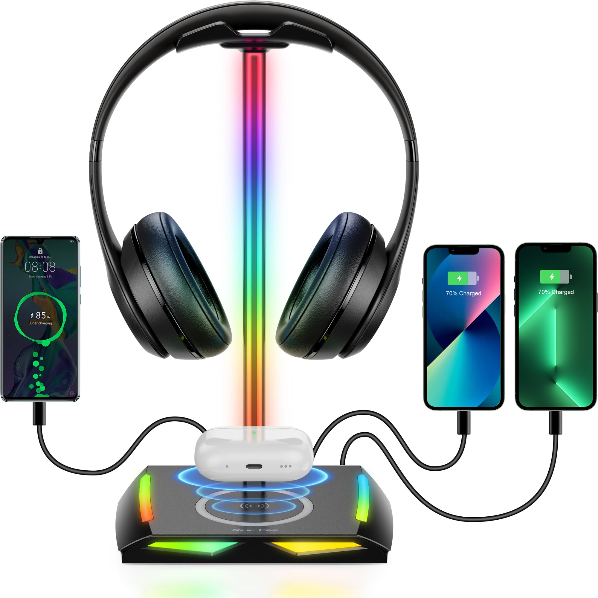 Premium RGB Gaming Headphone Stand with 2 USB-C & 1 USB Ports - 7 Color LED Light Modes, Non-Slip Rubber Base - Perfect for Gaming Setup, Home Office & Streaming Station Accessories